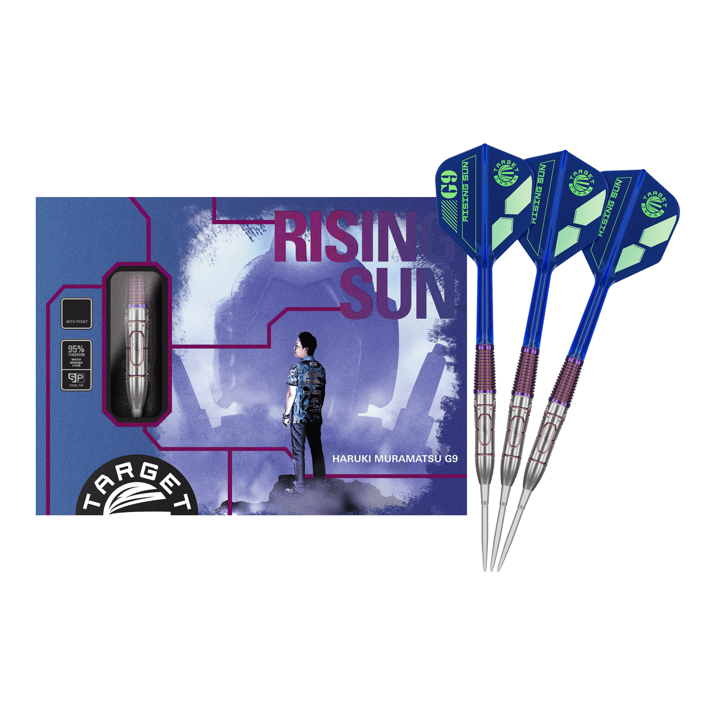 Das Bild zeigt das Produkt „Target Japan Haruki Muramatsu Rising Sun GEN9 Steeldarts - 23g“. Auf der Verpackung ist eine Person abgebildet, daneben sind drei blaue Steeldarts zu sehen.