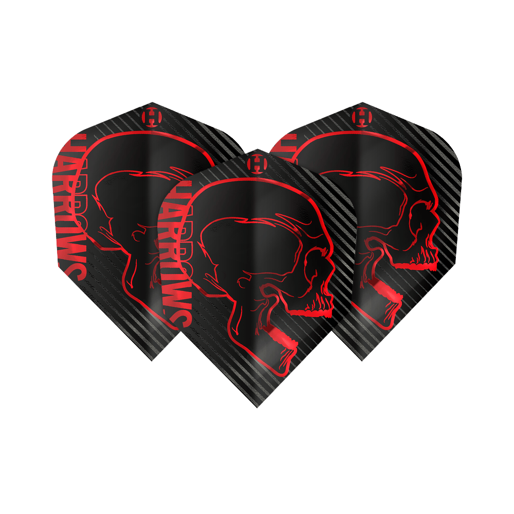 Vols Harrows Rage Rouge No6 Das Bild zeigt drei schwarze Dartflights mit einem roten Totenkopfdesign und dem Schriftzug "Harrows" an der Seite. Die Flights sind Teil des Produkts "Harrows Rage Red No6 Flights".