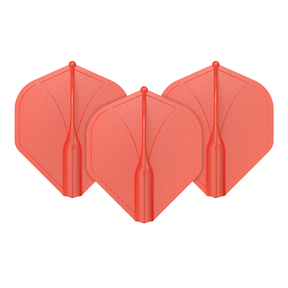 Profil aérodynamique moulé n°2 Vols standard Das Bild zeigt drei rote Dartflights, die nebeneinander angeordnet sind. Sie haben eine einheitliche Form und glatte Oberfläche.