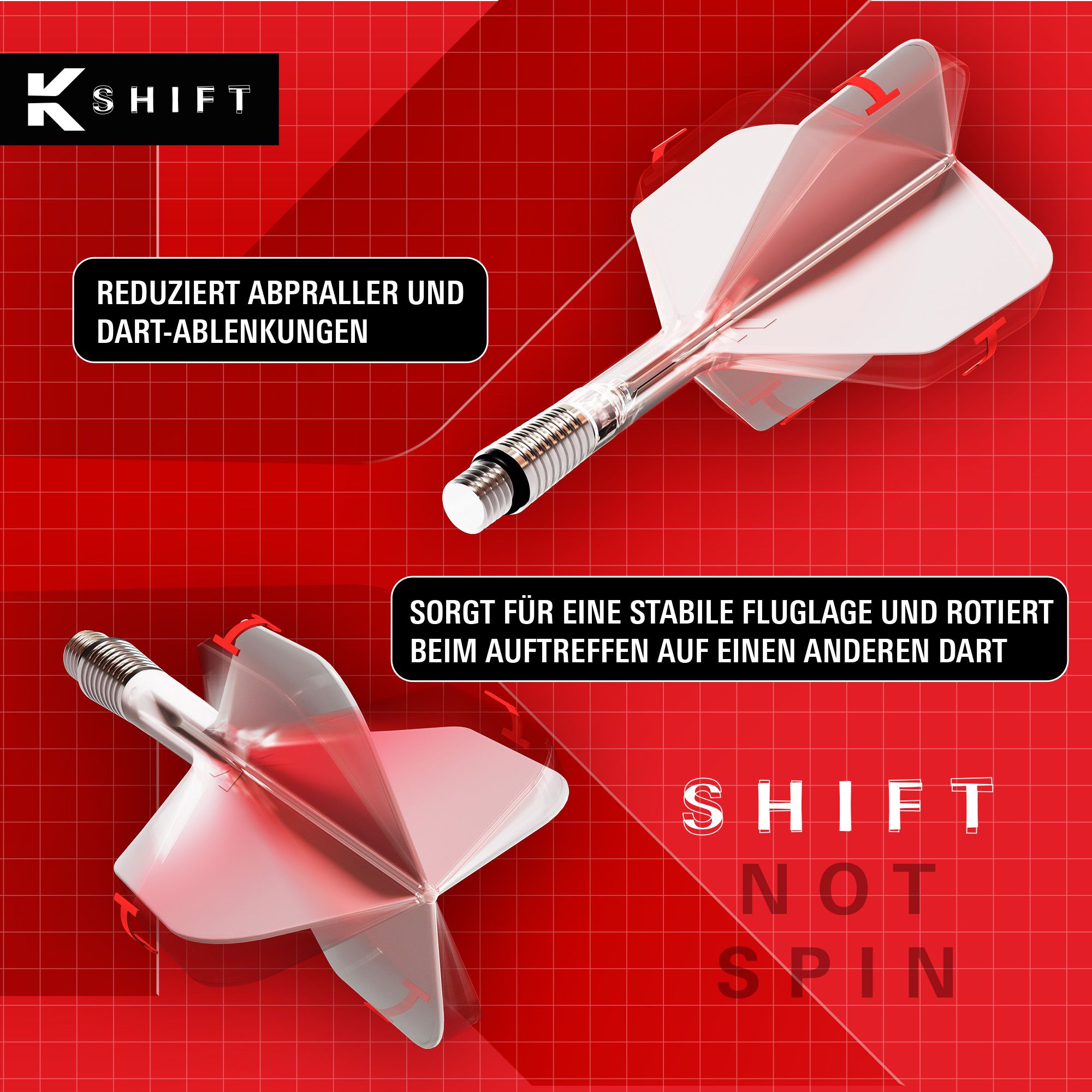 Target K-Shift No6 Flights - Clear. Durchsichtige Dart-Flights in No6-Form von Target sind auf dem Bild abgebildet.