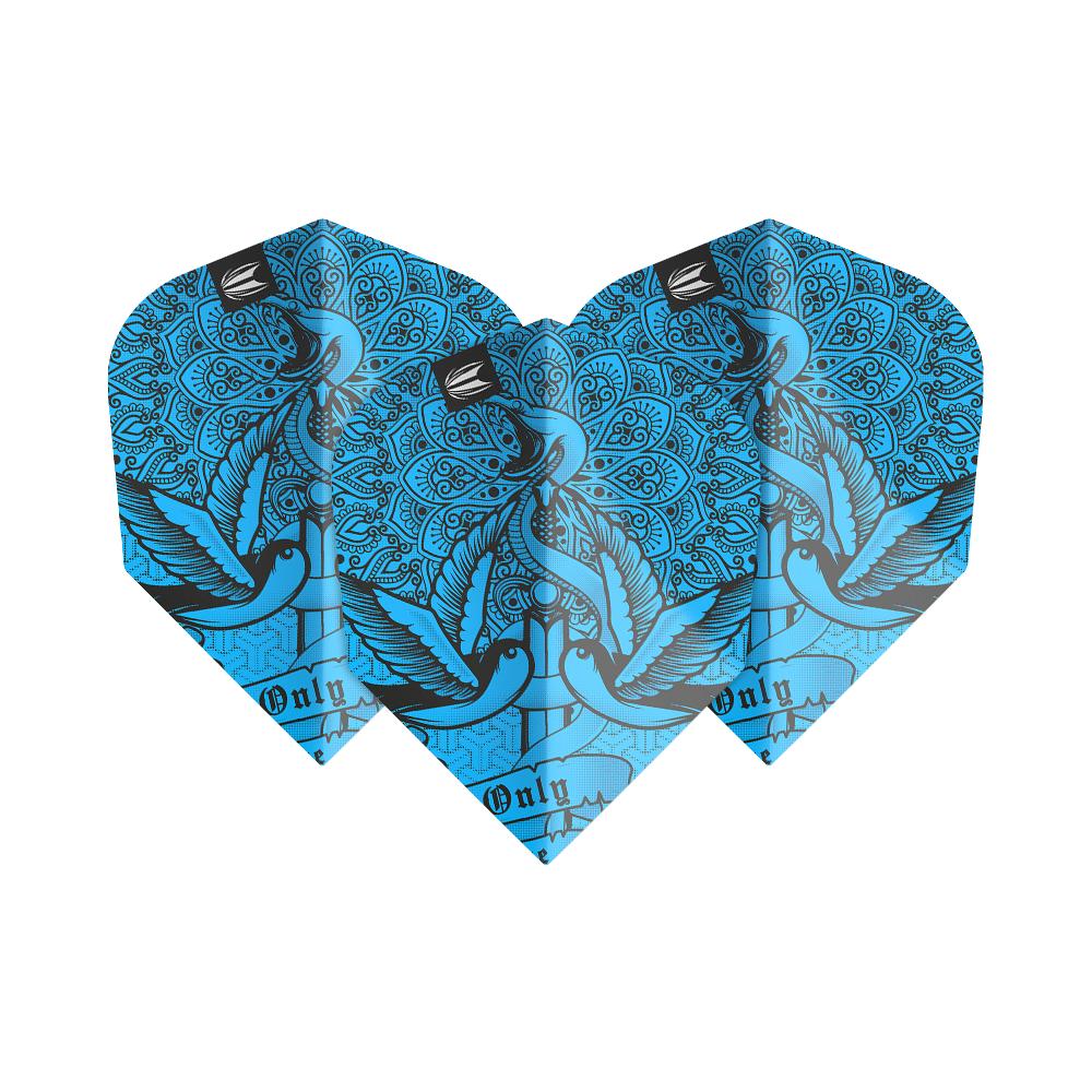 TG485_335450_Target_ProUltra_Ink_Blue_No6_Flights_1AEe3SADaeXqTv Das Bild zeigt die "Target ProUlta Ink Blue No6 Flights". Die Flights sind blau mit einem kunstvollen Muster und einem Vogelmotiv gestaltet.