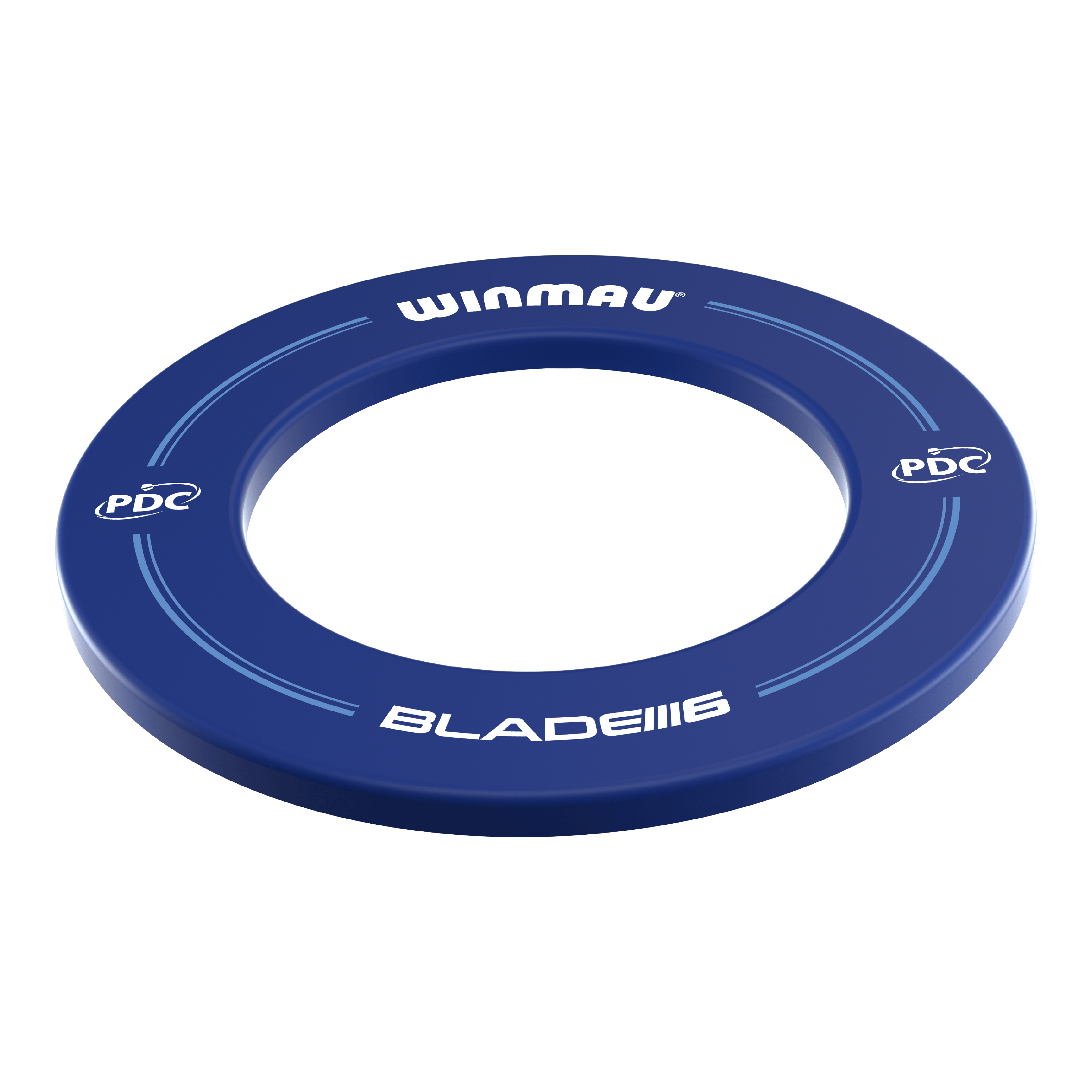 Cadre de fléchettes Winmau PDC - Bleu Das Bild zeigt ein blaues Dartboard-Surround der Marke Winmau mit der Aufschrift "BLADE 6" und "PDC". Es ist rund und dient zum Schutz der Wand rund um eine Dartscheibe.