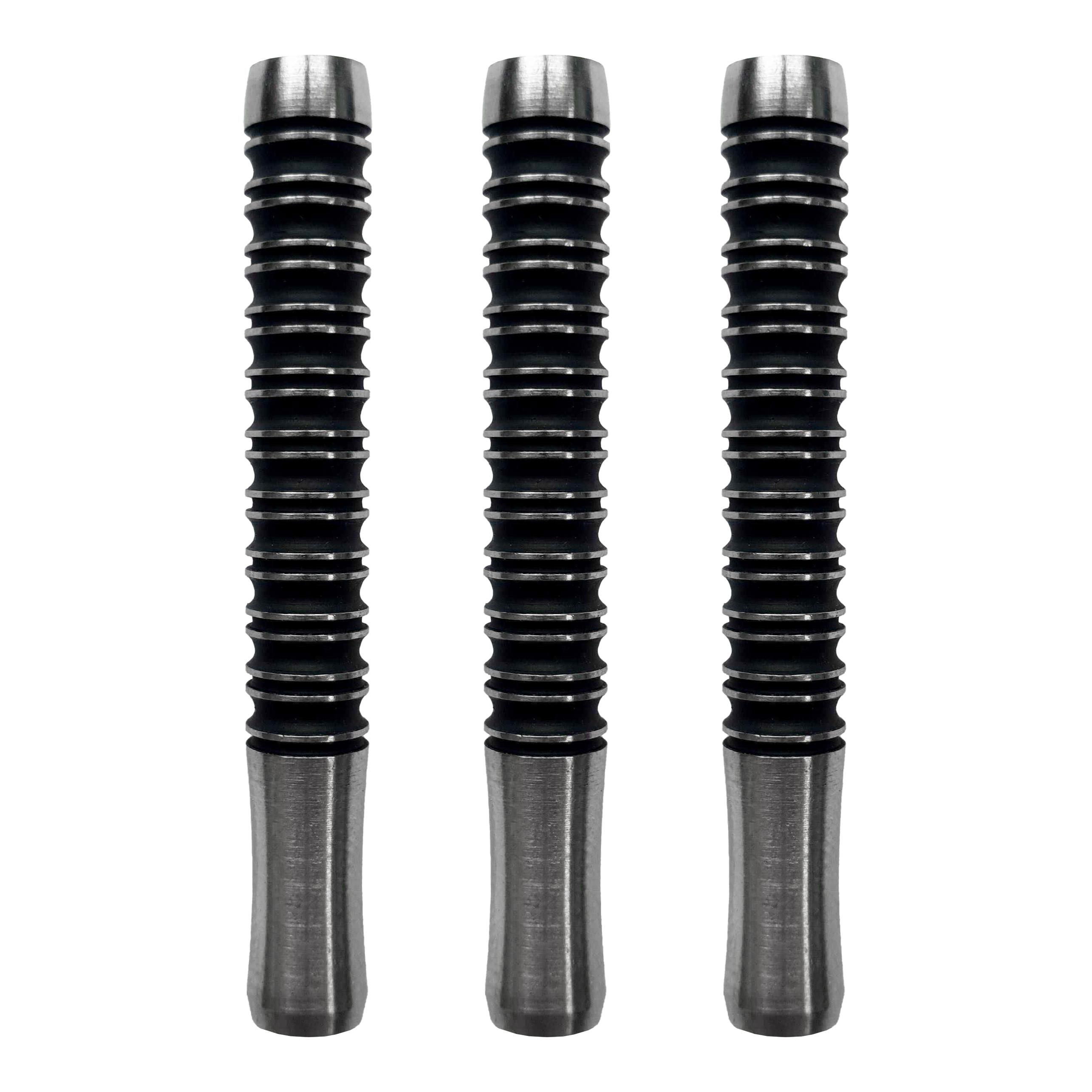 Corps de fléchettes souples McDart Super Grip 3 - 18 g Das Bild zeigt drei McDart Super Grip 3 Softdart-Barrels mit einem Gewicht von 18g. Die Dart-Barrels sind schwarz mit silbernen Enden und haben ein gerilltes Design für besseren Halt.