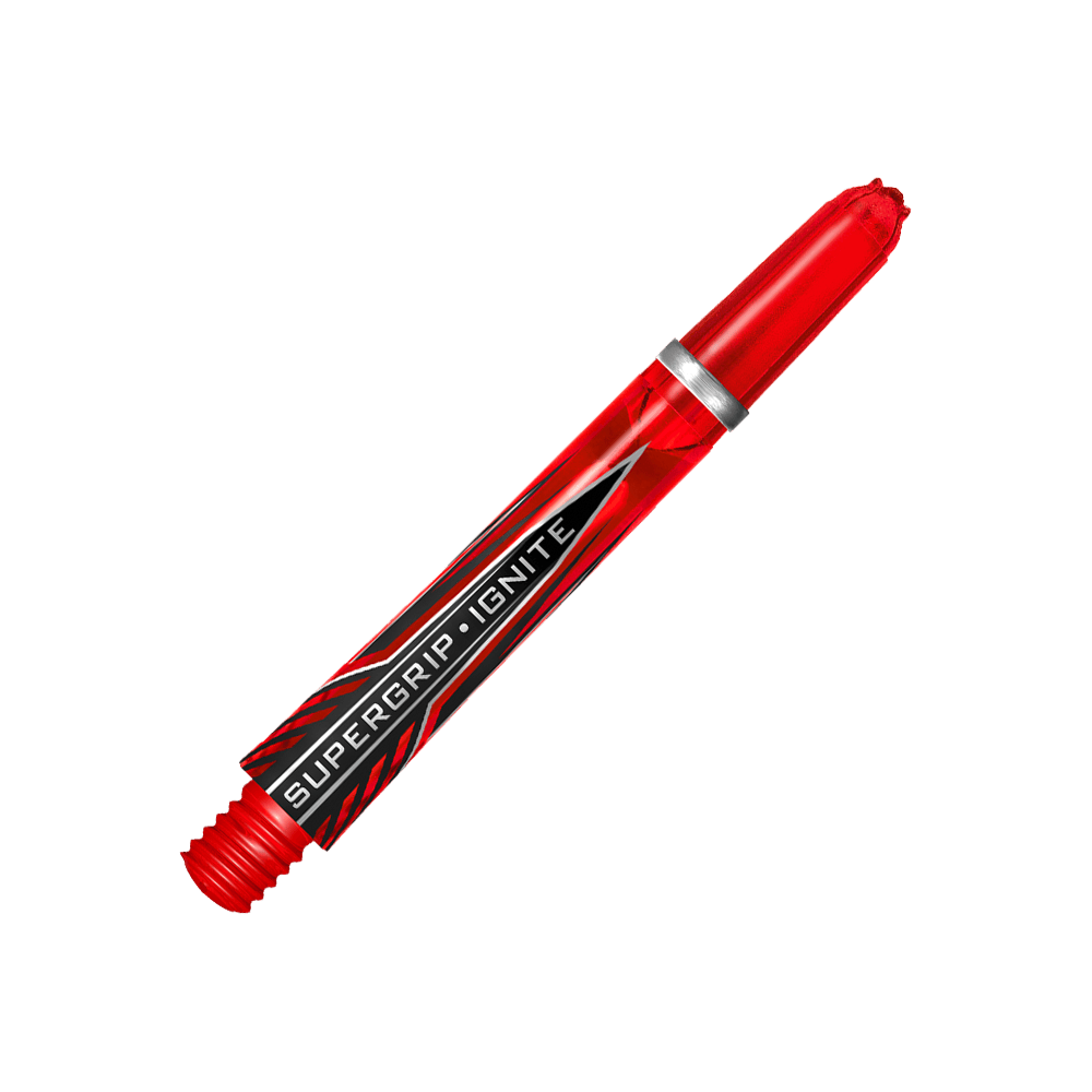 Das Bild zeigt einen roten Harrows Supergrip Ignite Shaft. Im Hintergrund sind rote und schwarze Streifen zu sehen, die den Shaft hervorheben.