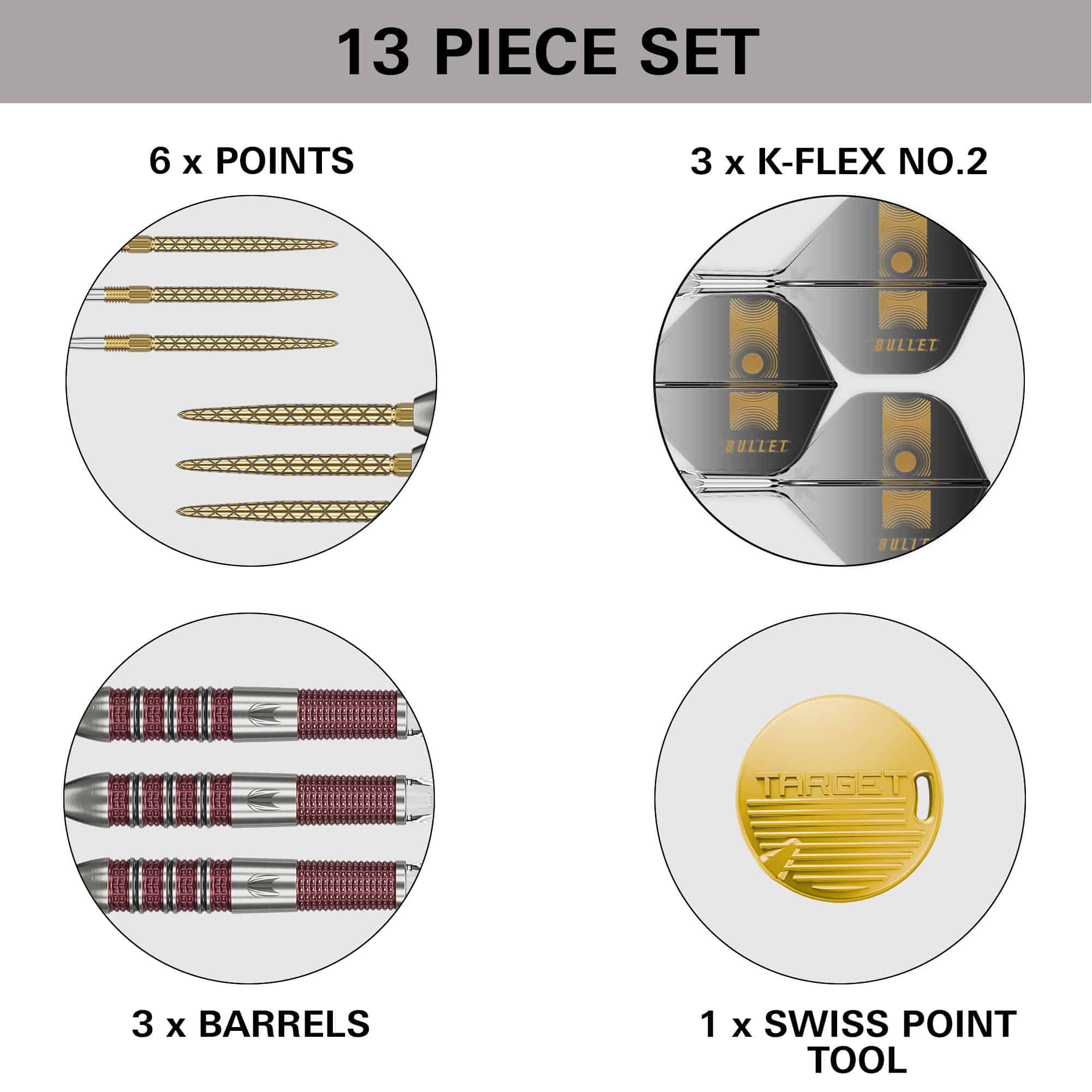 Fléchettes en acier à pointe suisse Target Stephen Bunting 95K Das Bild zeigt ein 13-teiliges Dart-Set mit Spitzen, Schäften, Barrels und einem Swiss Point Werkzeug. Es handelt sich um das Produkt "Target Stephen Bunting 95K Swiss Point Steeldarts".