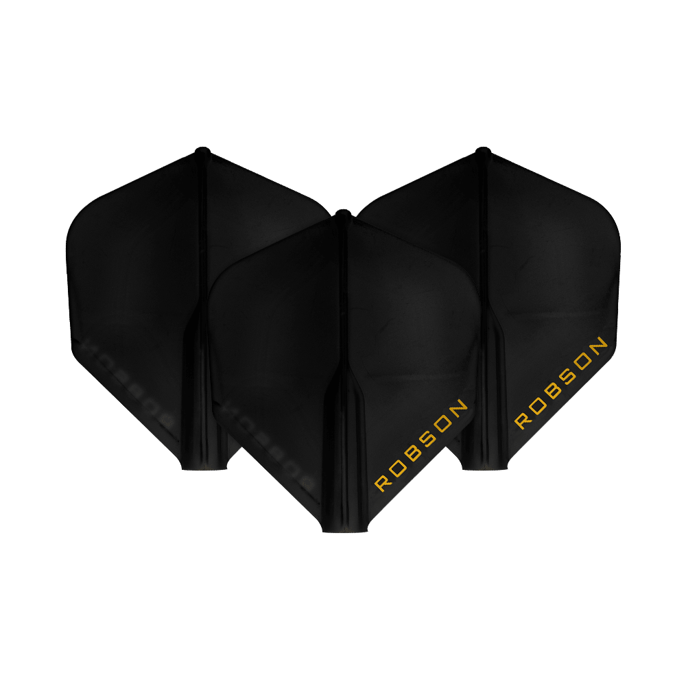 Vols Robson Plus - Standard Auf dem Bild sind drei schwarze Dart-Flights zu sehen. Auf jedem Flight steht das Wort "ROBSON" in gelber Schrift.