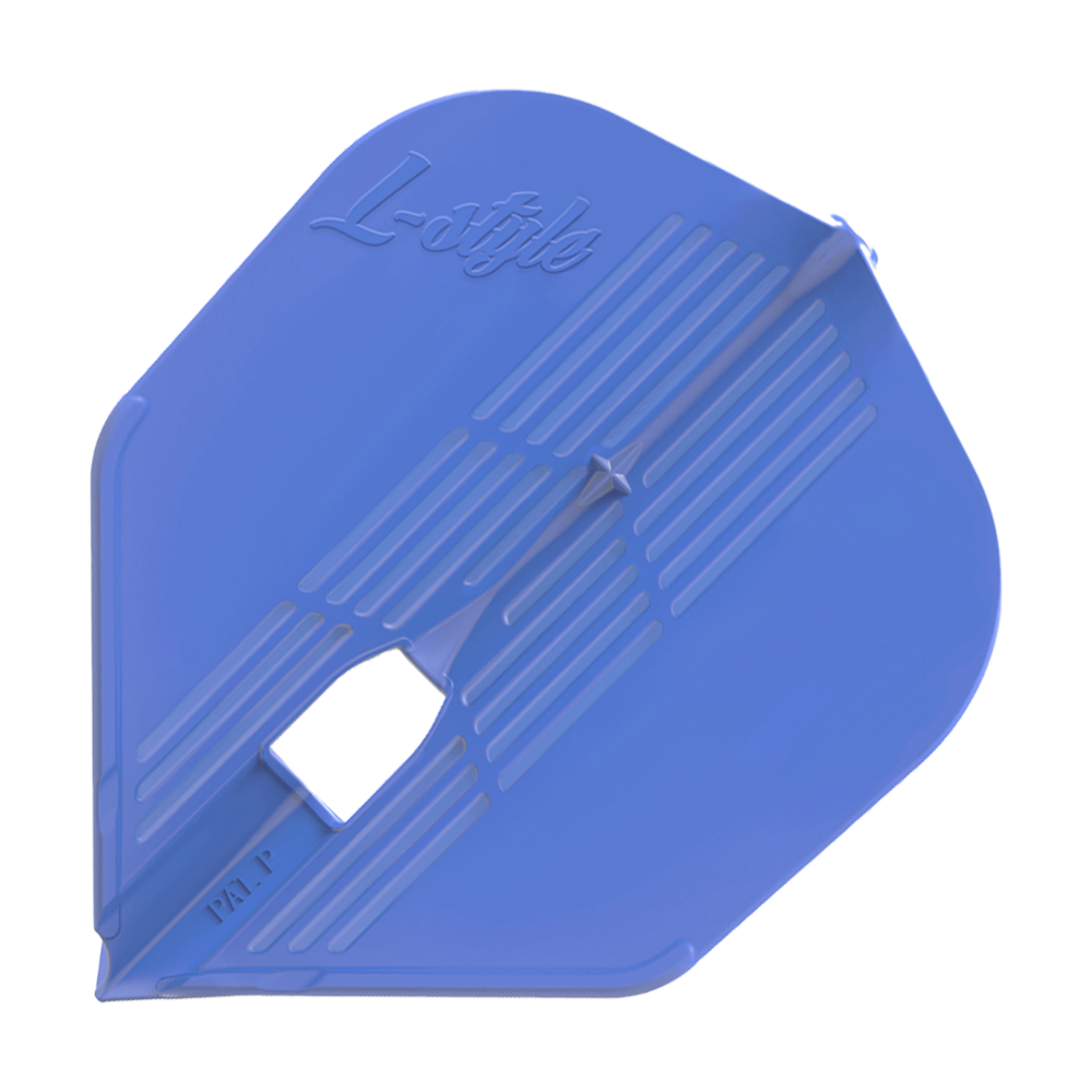 Vols KAMI L3PRO de style L Das Bild zeigt ein blaues Dartflight mit dem Schriftzug "L-style" darauf. Das Flight hat eine eckige Form und gerillte Muster.