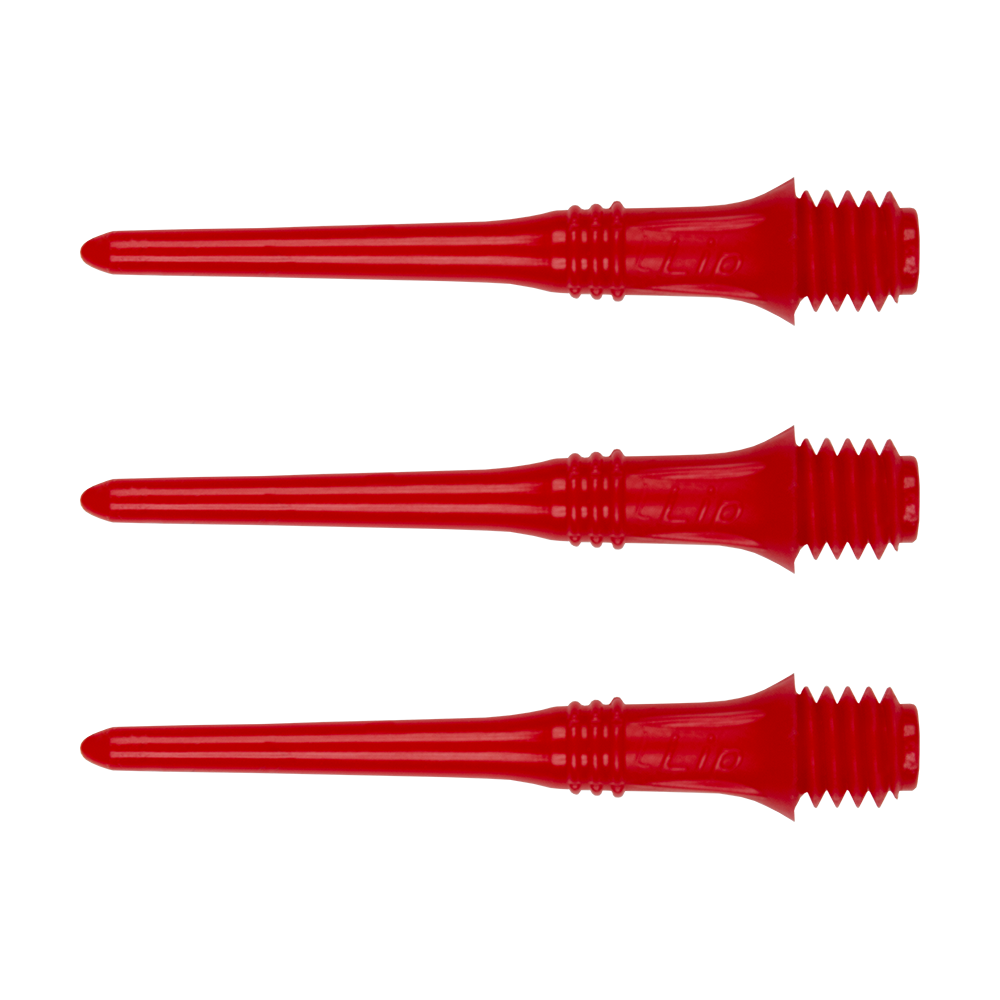 USLIP-R_US_Lippoints_50er_Rot_1VDiKGoLZcF3Te Das Bild zeigt drei rote Dartspitzen mit Schraubgewinde. Diese Spitzen sind Teil des Produkts "US Lippoints (50er Pack) - Spitzen".