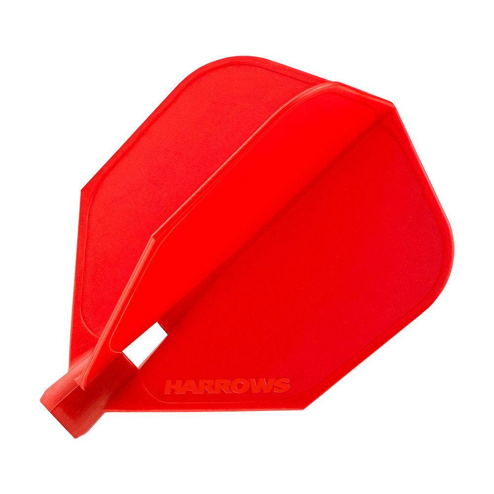 HRC-130_Harrows_Clic_Standard_Flight_Red_11lEtsAxS3LwIL Das Bild zeigt rote Harrows Clic Standard Flights für Darts. Der Flight hat eine klassische, sechseckige Form und ist komplett in Rot gehalten.