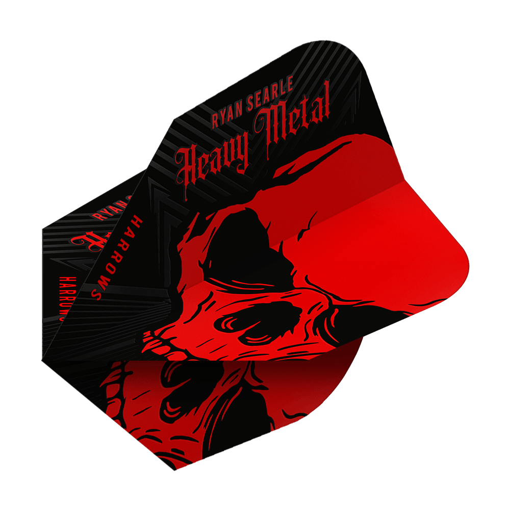 Vols Heavy Metal No6 de Ryan Searle de Harrow Das Bild zeigt das Produkt "Harrows Ryan Searle Heavy Metal No6 Flights". Die Flights sind schwarz und rot gestaltet und zeigen einen auffälligen Totenkopf mit dem Schriftzug "Heavy Metal".