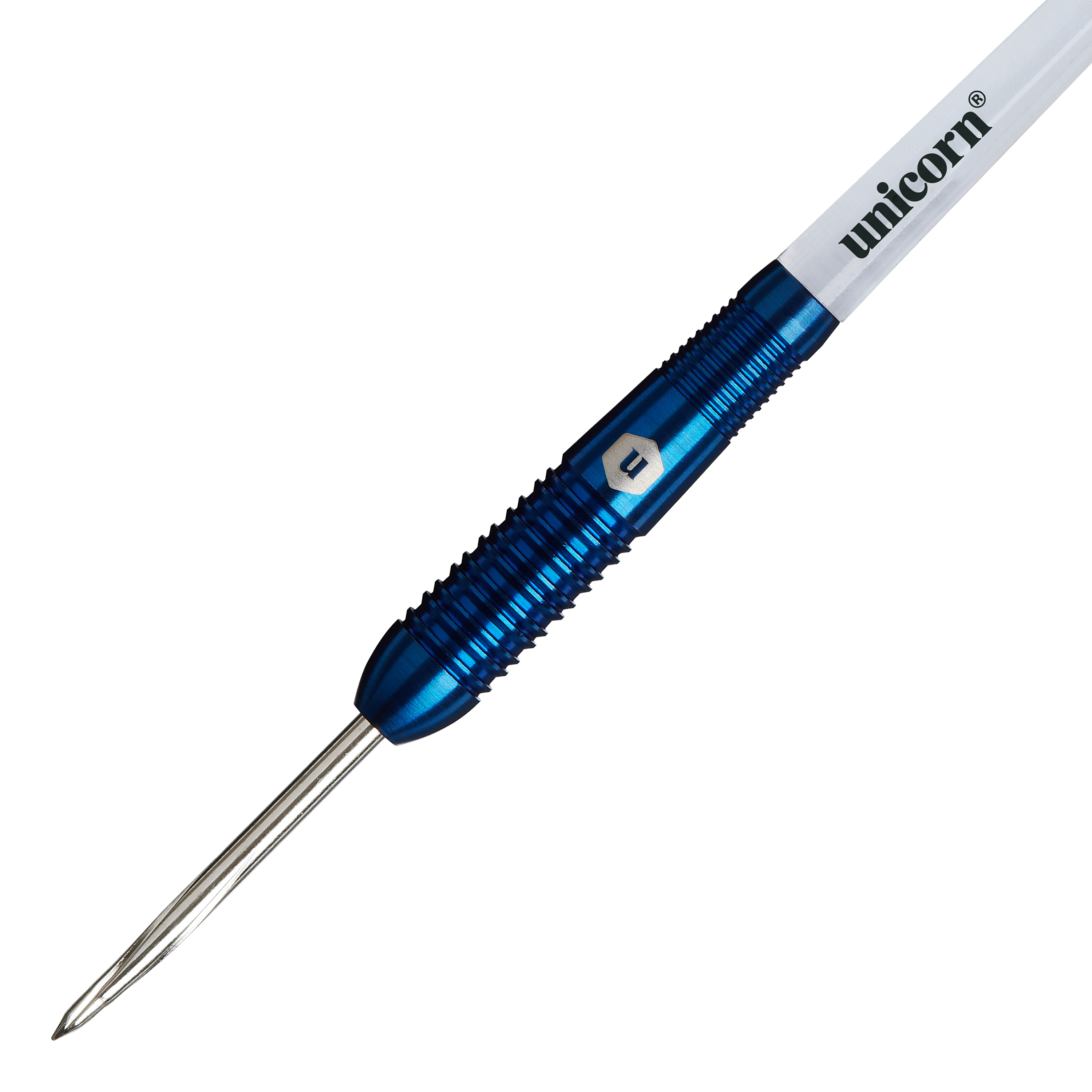 Fléchettes en acier Unicorn Prodigy 02 Torpedo Das Bild zeigt den Unicorn Prodigy 02 Torpedo Steeldart mit einem blauen, geriffelten Schaft. Auf dem weißen Schaftabschnitt steht der Schriftzug "unicorn".
