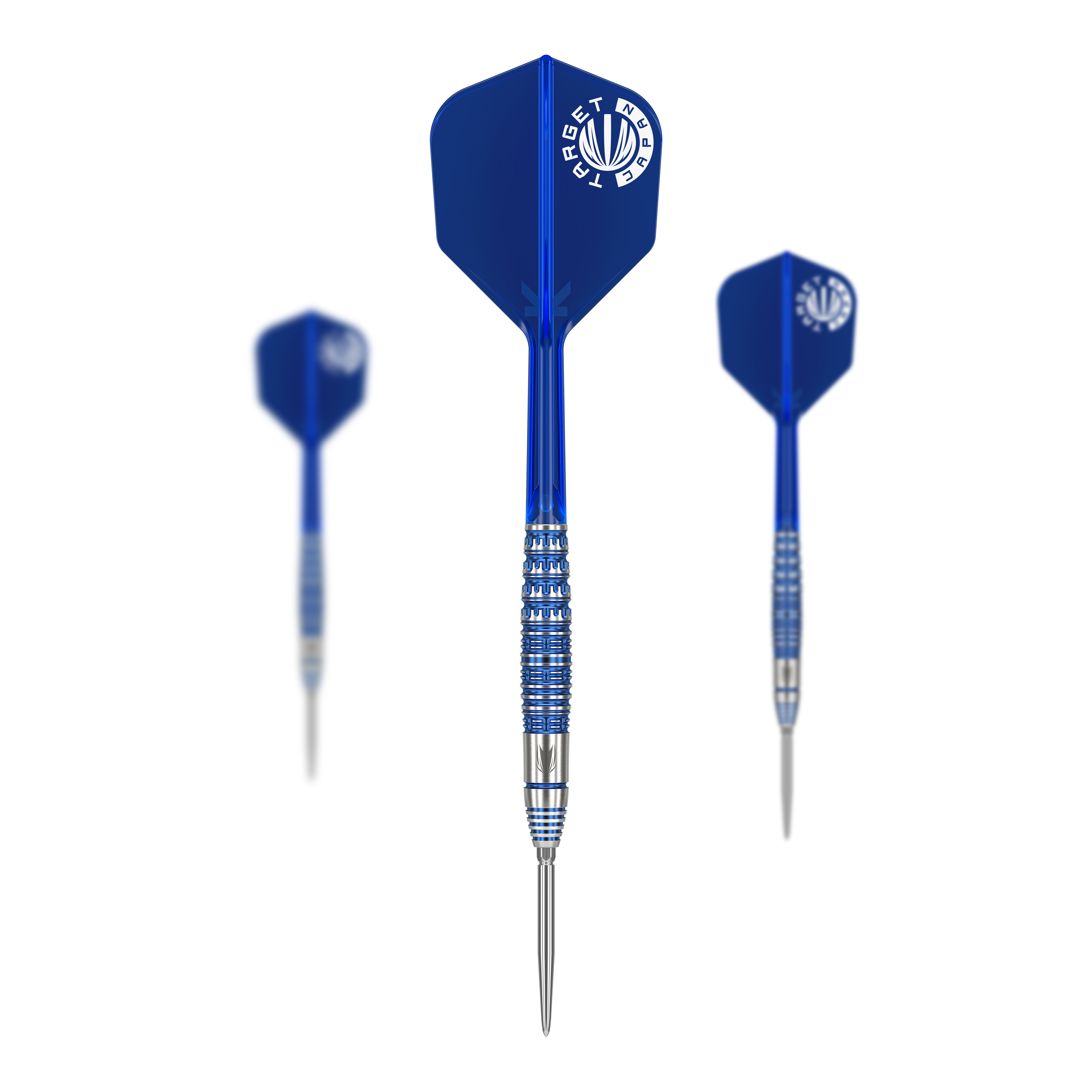 Target Japan Toru Suzuki Sereno GEN1 Swiss Point Steeldarts - 21 g Das Bild zeigt drei Steeldarts mit blauen Flügeln und silber-blauen Schäften. Es handelt sich um das Produkt "Target Japan Toru Suzuki Sereno GEN1 Swiss Point Steeldarts - 21g".