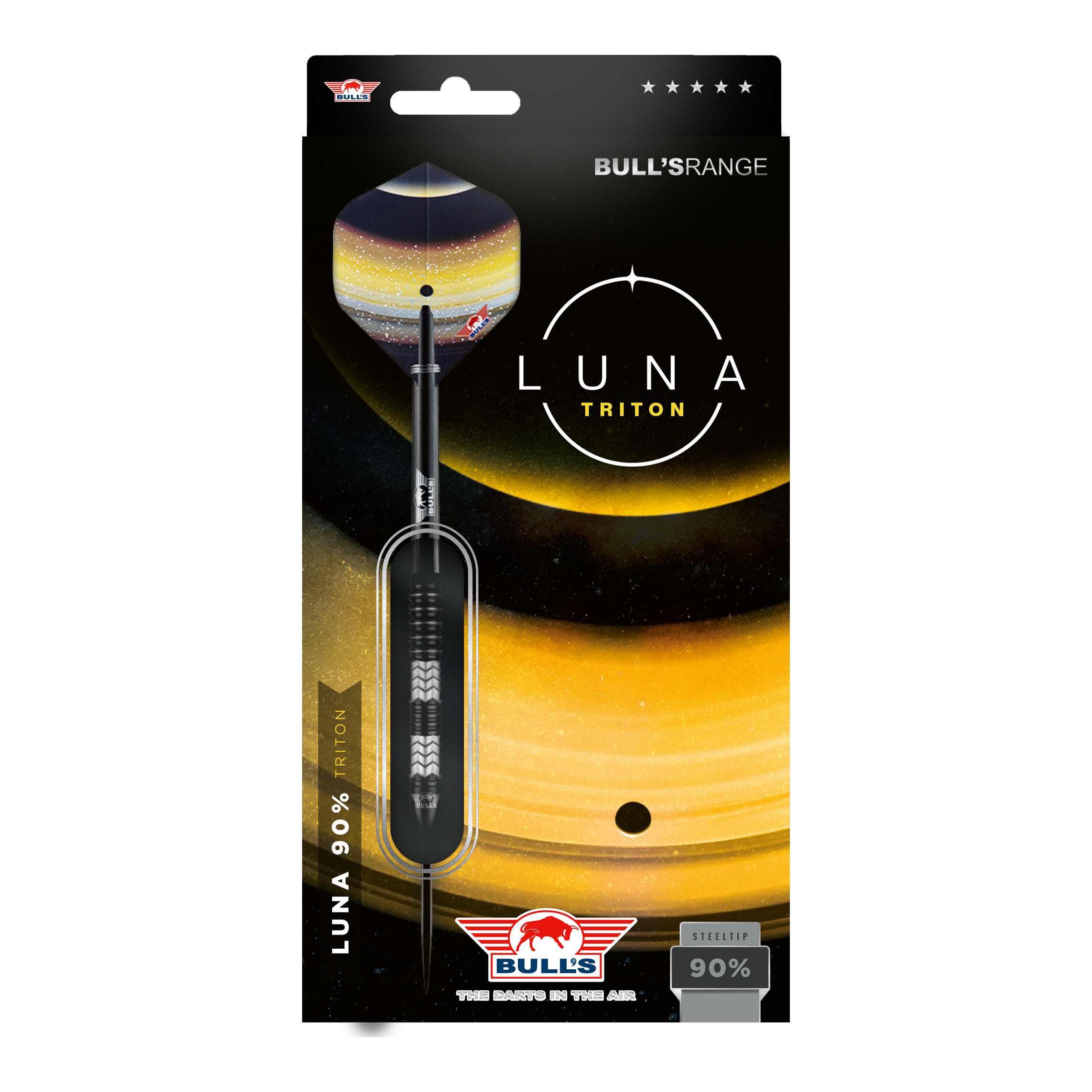 Fléchettes en acier Bulls NL Luna Triton Das Bild zeigt die Verpackung der "Bulls NL Luna Triton Steeldarts". Die Verpackung ist schwarz-gelb gestaltet und hebt den Dartpfeil sowie den Schriftzug "Luna Triton" hervor.
