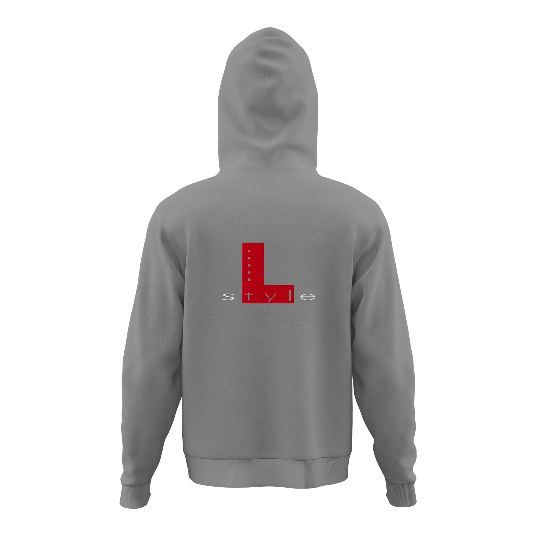 Sweat à capuche style L - Gris Der Hoodie ist grau und hat auf der Rückseite ein großes rotes "L" mit dem Wort "style" darunter. Das Design ist schlicht und modern gehalten.