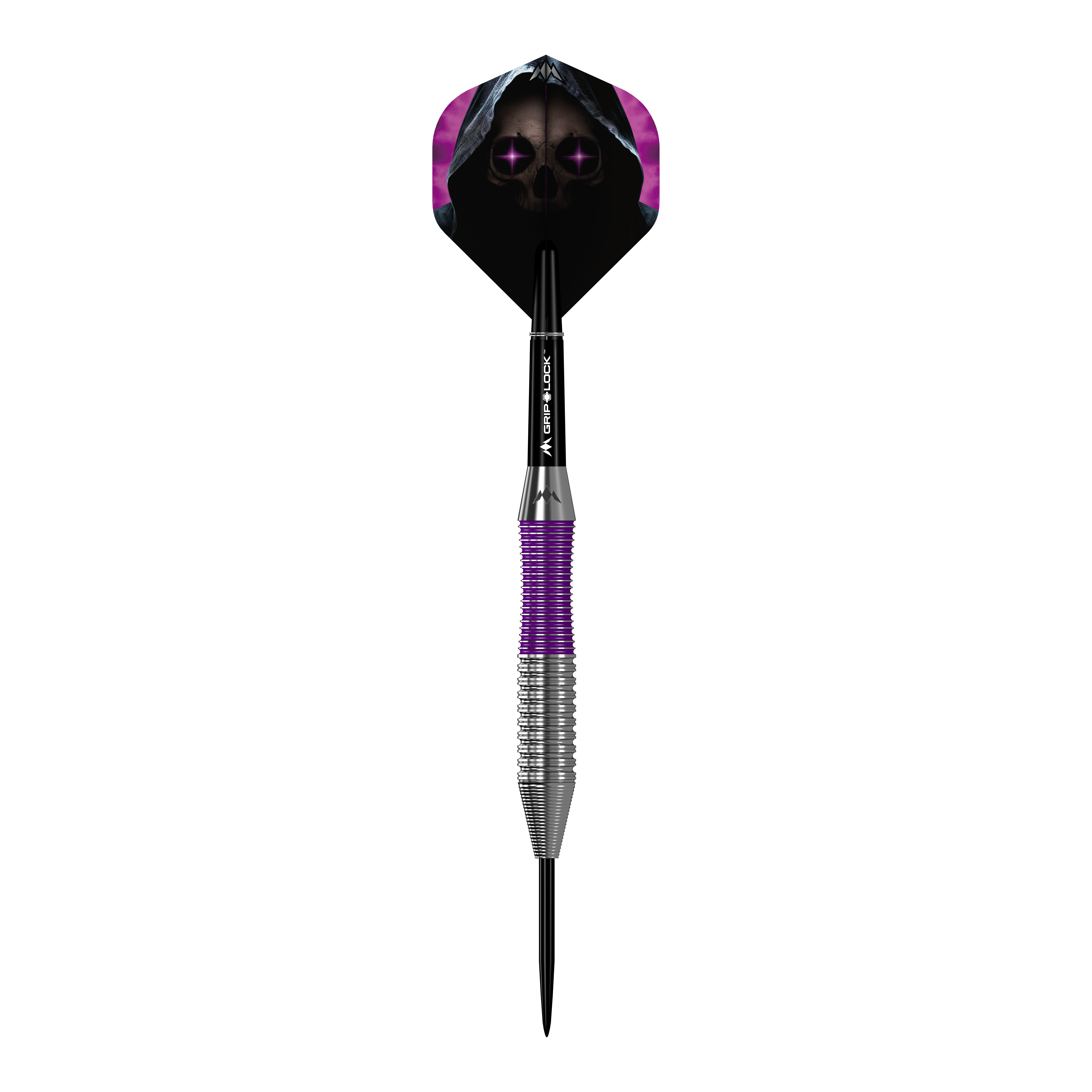 Fléchettes Mission Phantom en laiton et acier - 22 g Das Bild zeigt den Mission Phantom Brass Steeldart mit einem Gewicht von 22 Gramm. Der Dart hat ein auffälliges Design mit violetten und silbernen Elementen sowie einer Flight-Grafik eines Totenkopfs mit Kapuze.