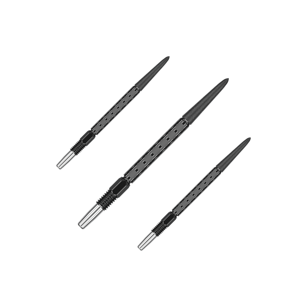 Pointes de fléchettes Target Swiss FLT Point - Noires Das Dartspitzen-Set besteht aus mehreren schwarzen Spitzen. Sie sind ordentlich in Reihe ausgelegt.