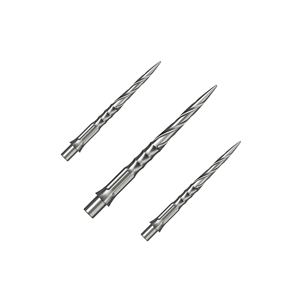 Pointes de fléchettes en acier Caliburn System - Spiro - NoLip - argent Das Bild zeigt ein Set von Caliburn Evo System Steeldartspitzen in Silber, 28 mm lang und mit Spiro-Design. Mehrere Spitzen sind geordnet dargestellt.