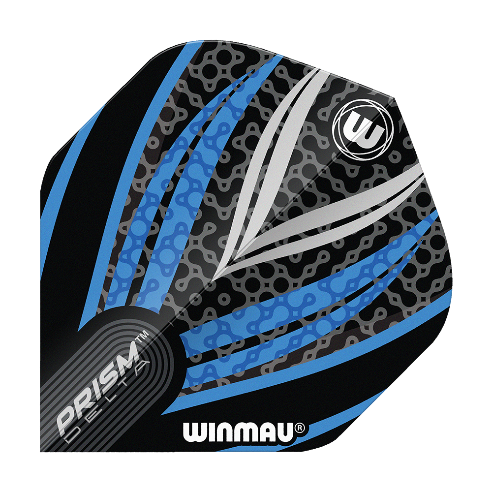 Volets standard Winmau Prism Delta Noir Blanc Bleu n° 2 Das Bild zeigt ein Winmau Prism Delta Flight in den Farben Schwarz, Weiß und Blau. Das Design ist modern mit auffälligen Linien und Mustern.