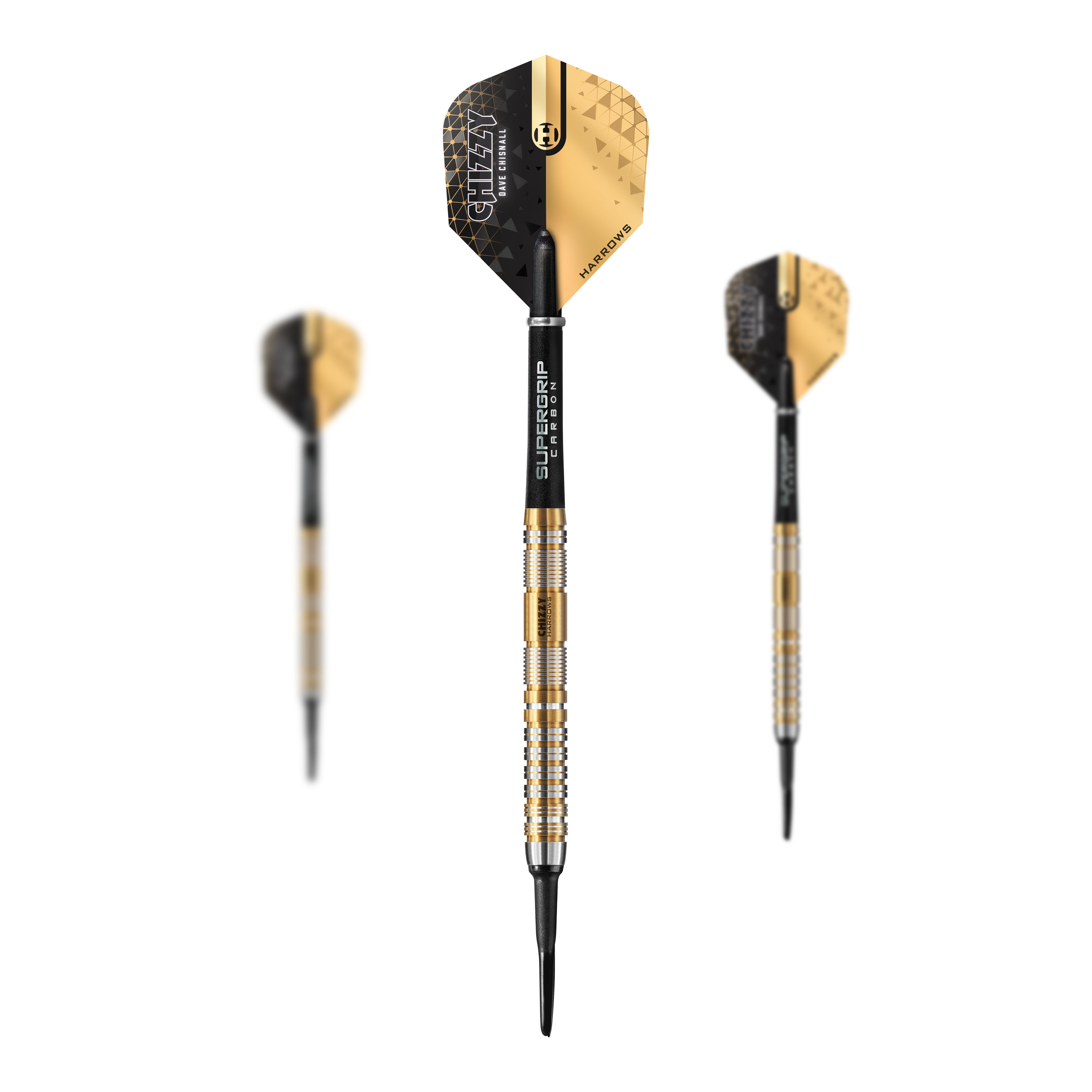 Fléchettes souples Dave Chisnall Chizzy Series 2 de Harrow Das Bild zeigt drei Softdarts der Marke "Harrows Dave Chisnall Chizzy Series 2" mit gold-schwarzem Design. Die Darts haben schwarze Flights und silber-goldene Griffe mit schwarzer Spitze.