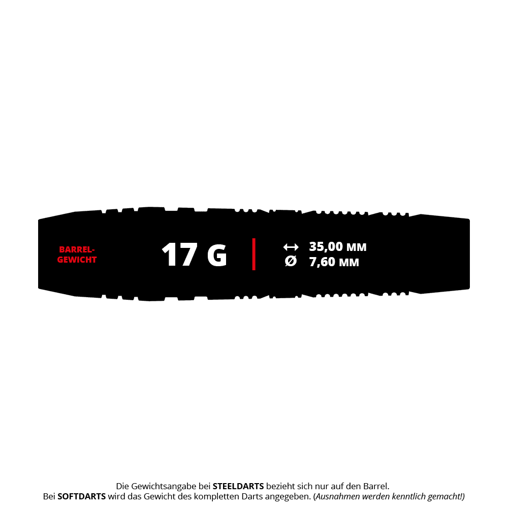 Fléchettes souples Target Japan Crux Trust - 17 g Das Bild zeigt das Produkt "Target Japan Crux Trust Softdarts - 17g". Es werden die Maße des Barrels angegeben: 35,00 mm Länge, 7,60 mm Durchmesser und ein Gewicht von 17 Gramm.