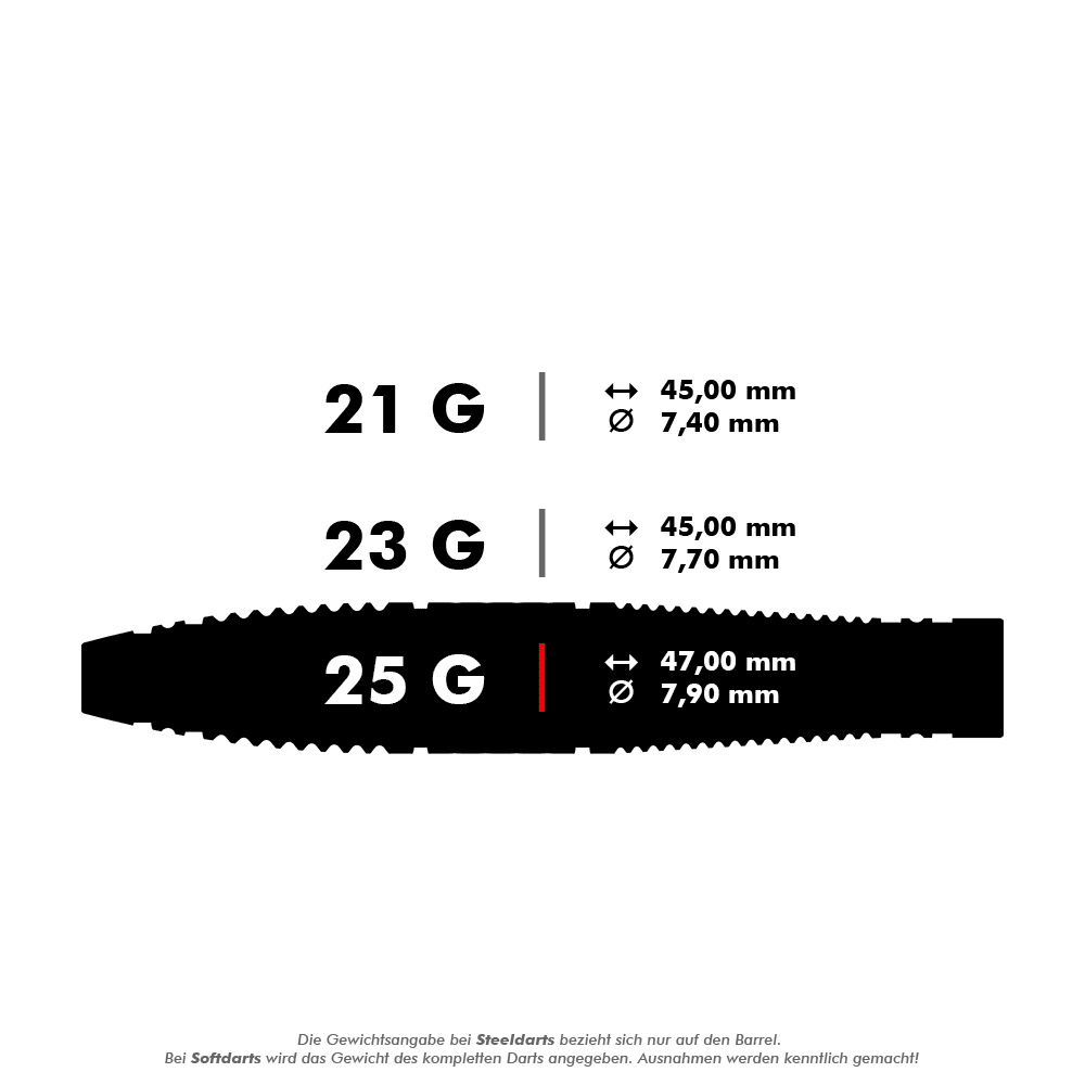 Fléchettes en acier Target Scope 03 Swiss Point Das Bild zeigt drei verschiedene Steeldarts mit den Gewichten 21 g, 23 g und 25 g. Die Maße Länge und Durchmesser sind für jedes Gewicht angegeben.