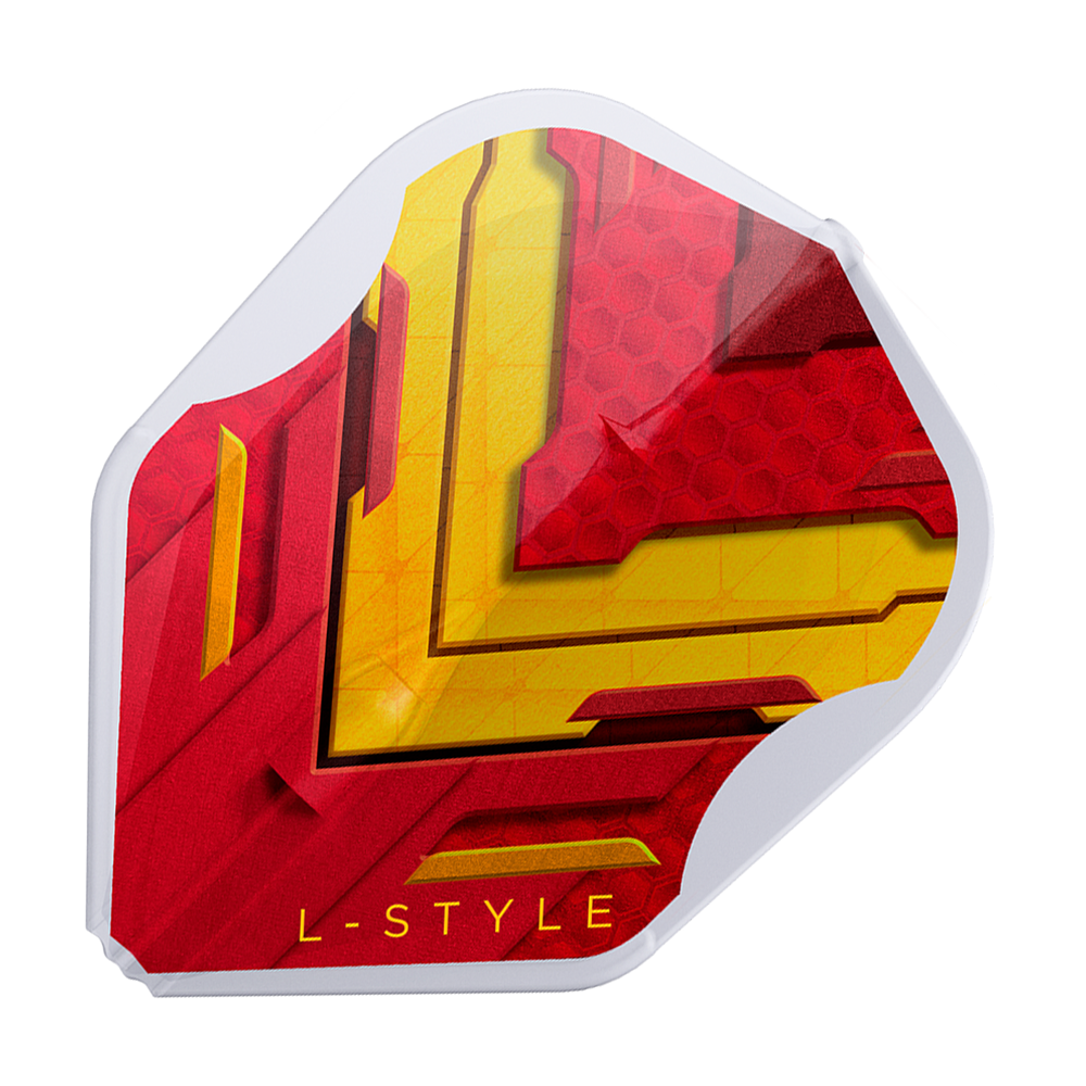 Vols L-Style V-Series V1 Type A Espagne Blanc Transparent L3EZ Dies ist ein L-Style V-Series V1 Type A Spain Clear White L3EZ Flight. Das Design ist rot und gelb mit einem weißen Rand und der Aufschrift "L-STYLE".