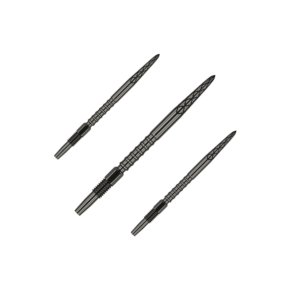 Pointes de fléchettes Target Swiss DS Surge Point - Noir Auf dem Bild sind drei schwarze Dartspitzen zu sehen. Sie sind schlank, haben ein strukturiertes Muster und liegen nebeneinander.