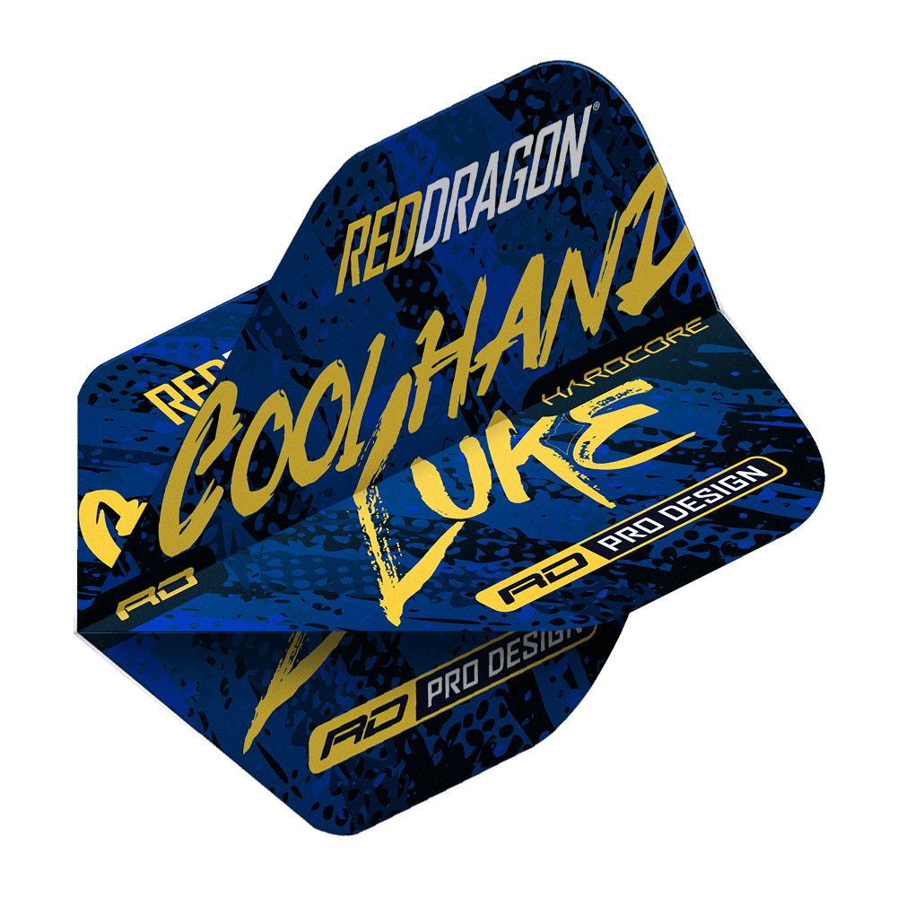 TF6864_Red_Dragon_Hardcore_Luke_Humphries_Signature_Blue_Standard_Flights_2 Auf dem Bild sind die Red Dragon Hardcore Luke Humphries Signature Blue Standard Flights zu sehen. Die Flights sind überwiegend blau mit gelber und weißer Schrift gestaltet.