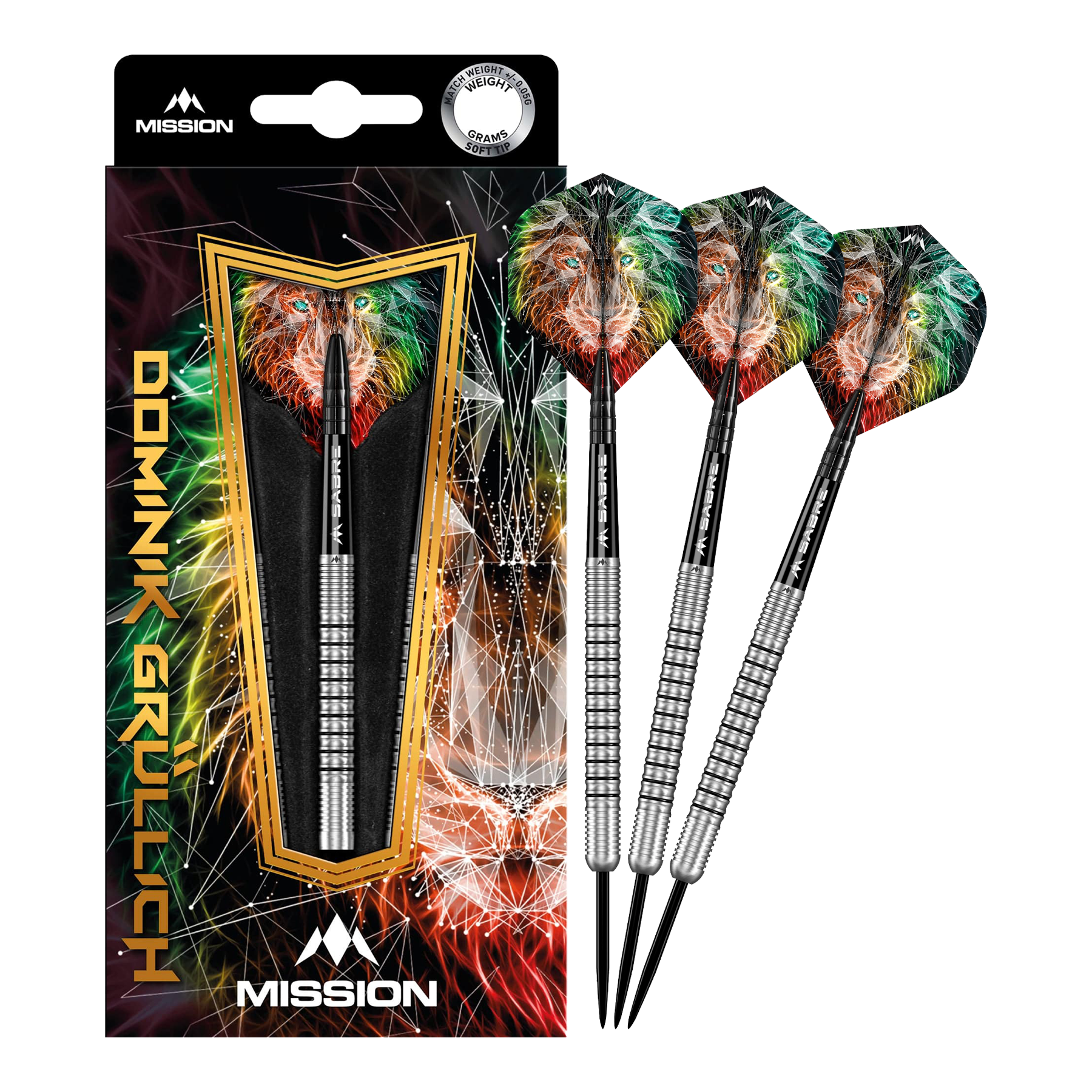 Das Bild zeigt das Produkt „Mission Dominik Grüllich Steeldarts - 23,5g“ mit einer farbenfrohen Verpackung und drei silbernen Darts. Die Flights der Darts sind mit einem bunten Löwenmotiv verziert.
