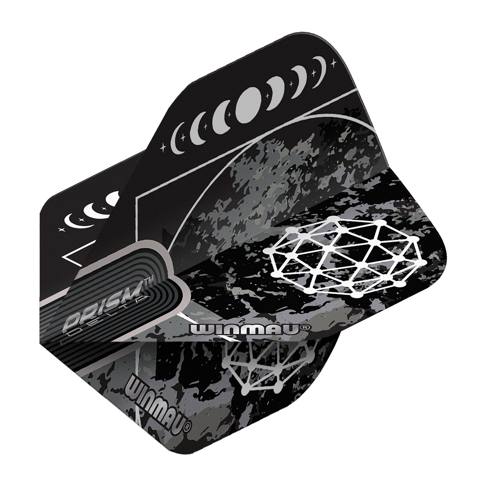 Vols standard Winmau Prism Delta Callisto No2 Das Bild zeigt die Winmau Prism Delta Callisto No2 Standard Flights. Die Flights sind schwarz-grau gemustert und mit weißen grafischen Mondphasen und geometrischen Mustern verziert.