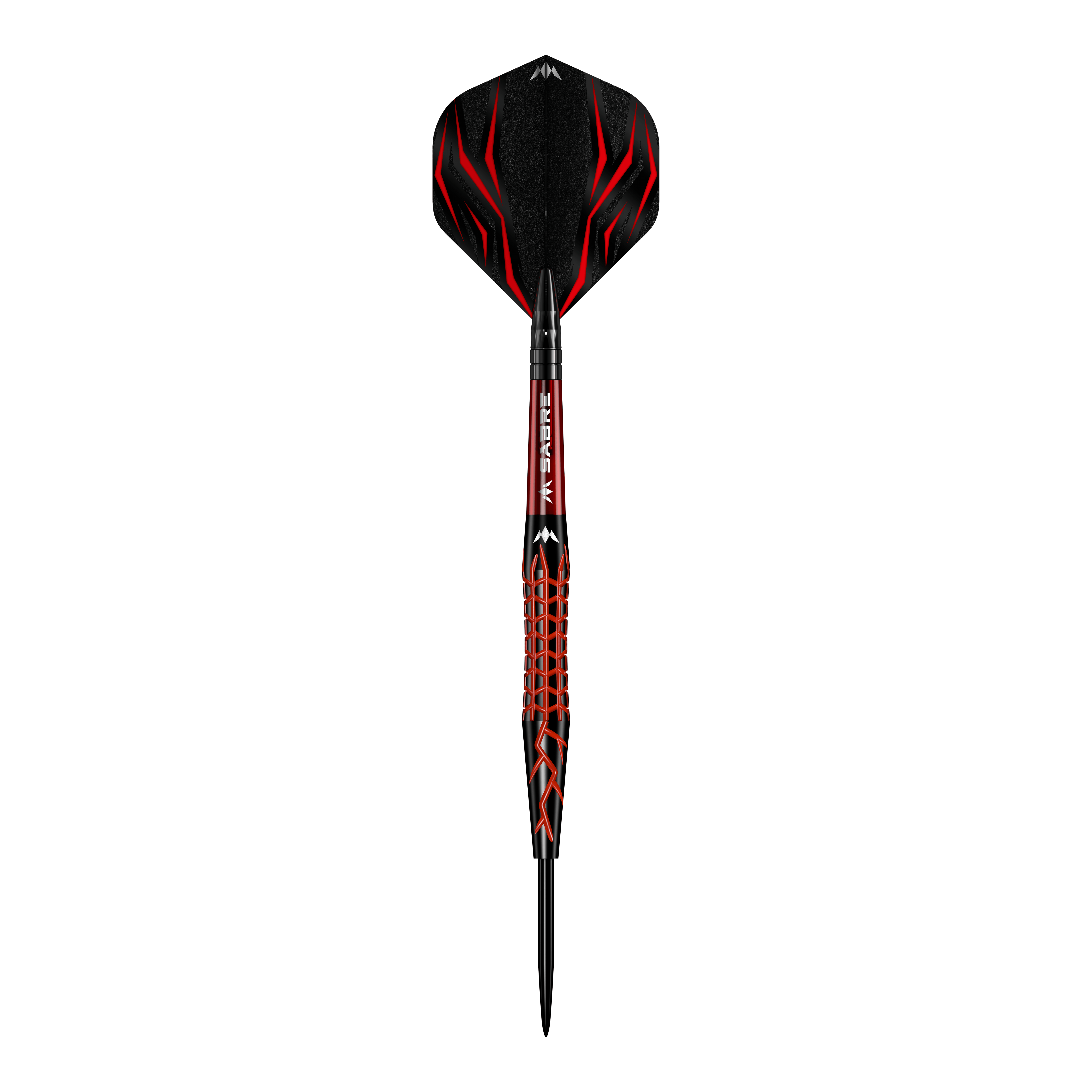 Fléchettes en acier Mission Lava Das Bild zeigt einen Mission Lava Steeldart mit auffälligem schwarzen und roten Design. Der Dart hat eine strukturierte Oberfläche und eine spitze Metallspitze.