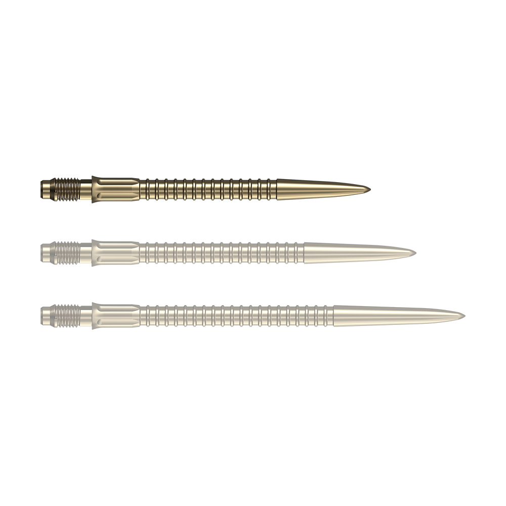 Goldene Dartspitzen liegen nebeneinander auf einer weißen Fläche. Diese Spitzen eignen sich für das Dartspiel.