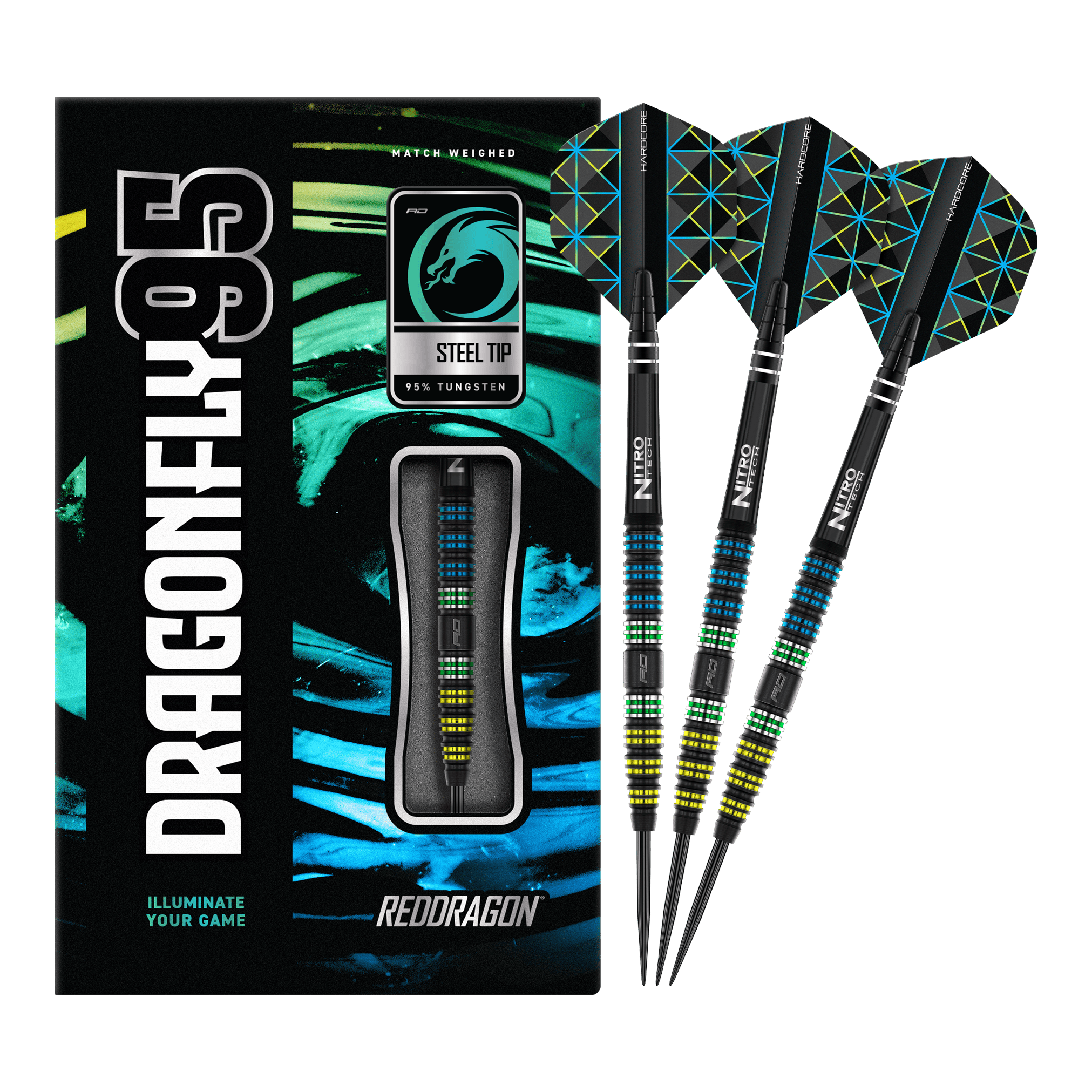 Die Abbildung zeigt das Produkt "Red Dragon Dragonfly 95 Black Tapered Steeldarts" mit moderner, bunter Verpackung. Drei schwarze Steeldarts mit farbigen Akzenten und speziellen Flights sind daneben zu sehen.