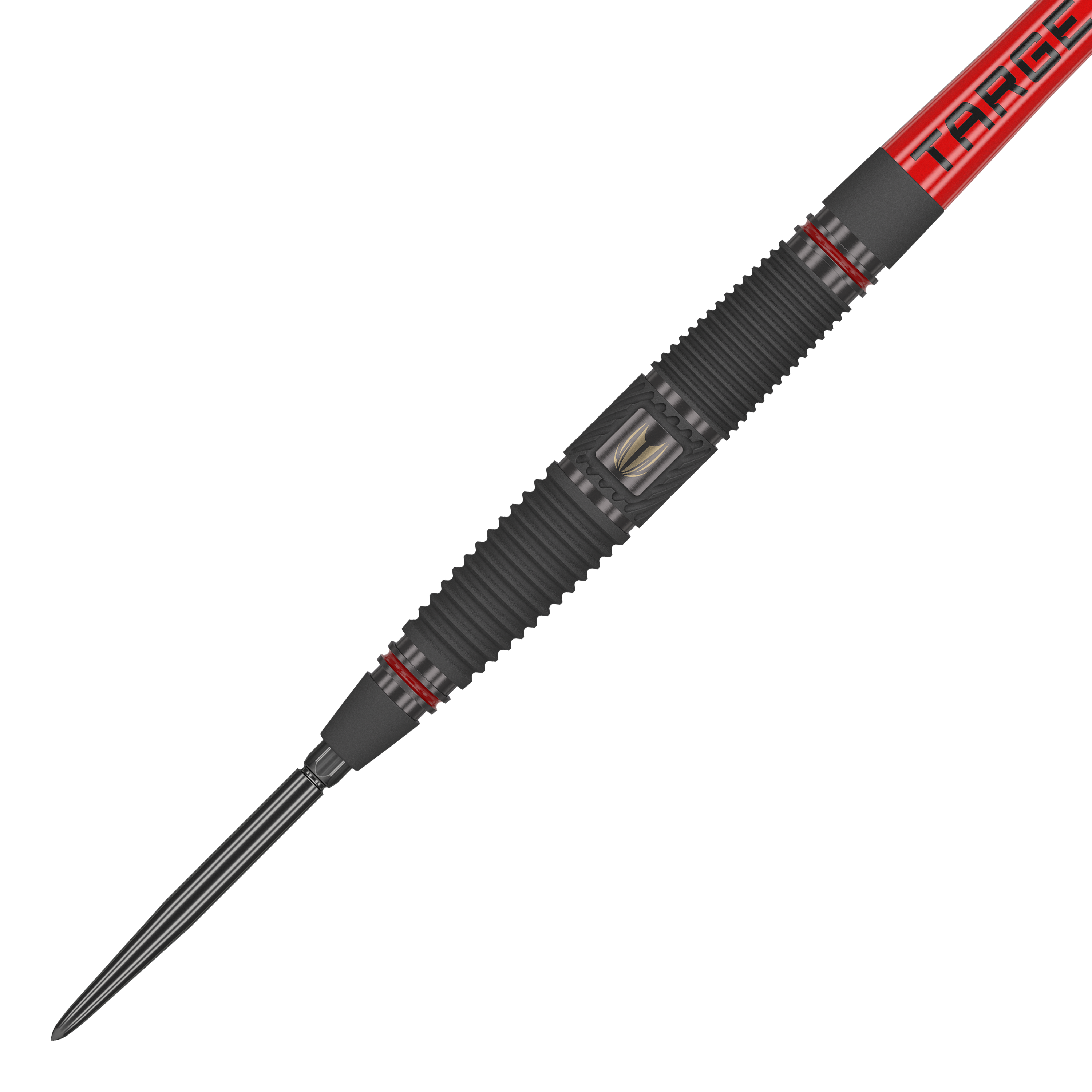 Fléchettes en acier Target Scope 04 Swiss Point Das Bild zeigt einen Target Scope 04 Swiss Point Steeldart. Der Dart hat ein schwarzes, geriffeltes Griffstück mit roten Akzenten und einer silbernen Spitze.