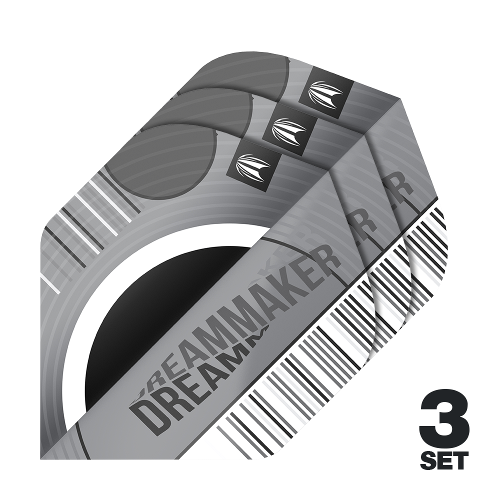 Volets standard Target Pro Ultra Dimitri Van Den Bergh X Echo No2 - 3 jeux Das Bild zeigt drei Sätze Target Pro Ultra Dimitri Van Den Bergh X Echo No2 Standard Flights. Die Flights sind in Grau- und Schwarztönen gestaltet und tragen den Schriftzug „Dreammaker“.