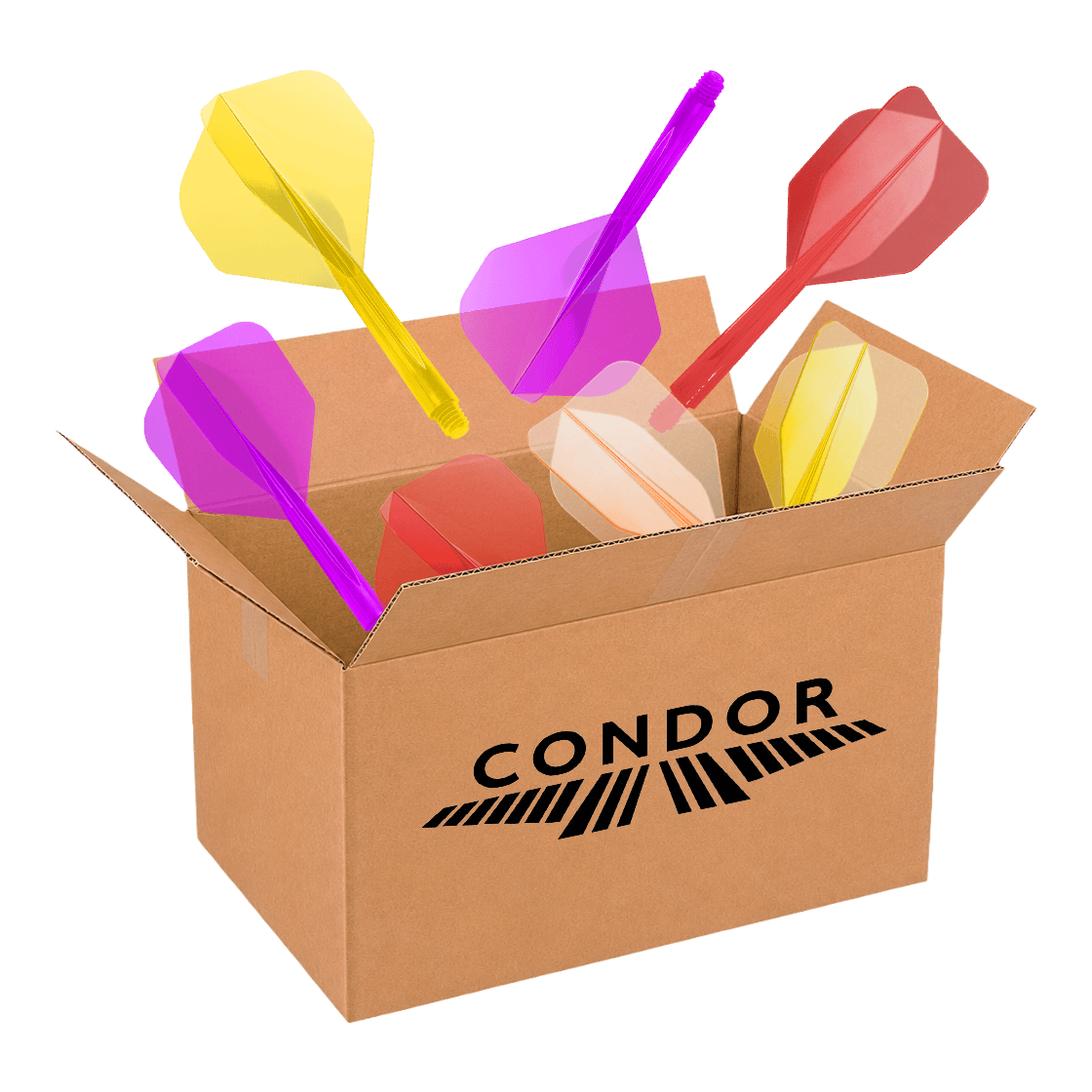 Boîte mystère McDart - Condor Auf diesem Bild wird die McDart Mystery-Box - Condor präsentiert. Die Box ist für Dartspieler gedacht und enthält spezielle Artikel der Marke Condor.
