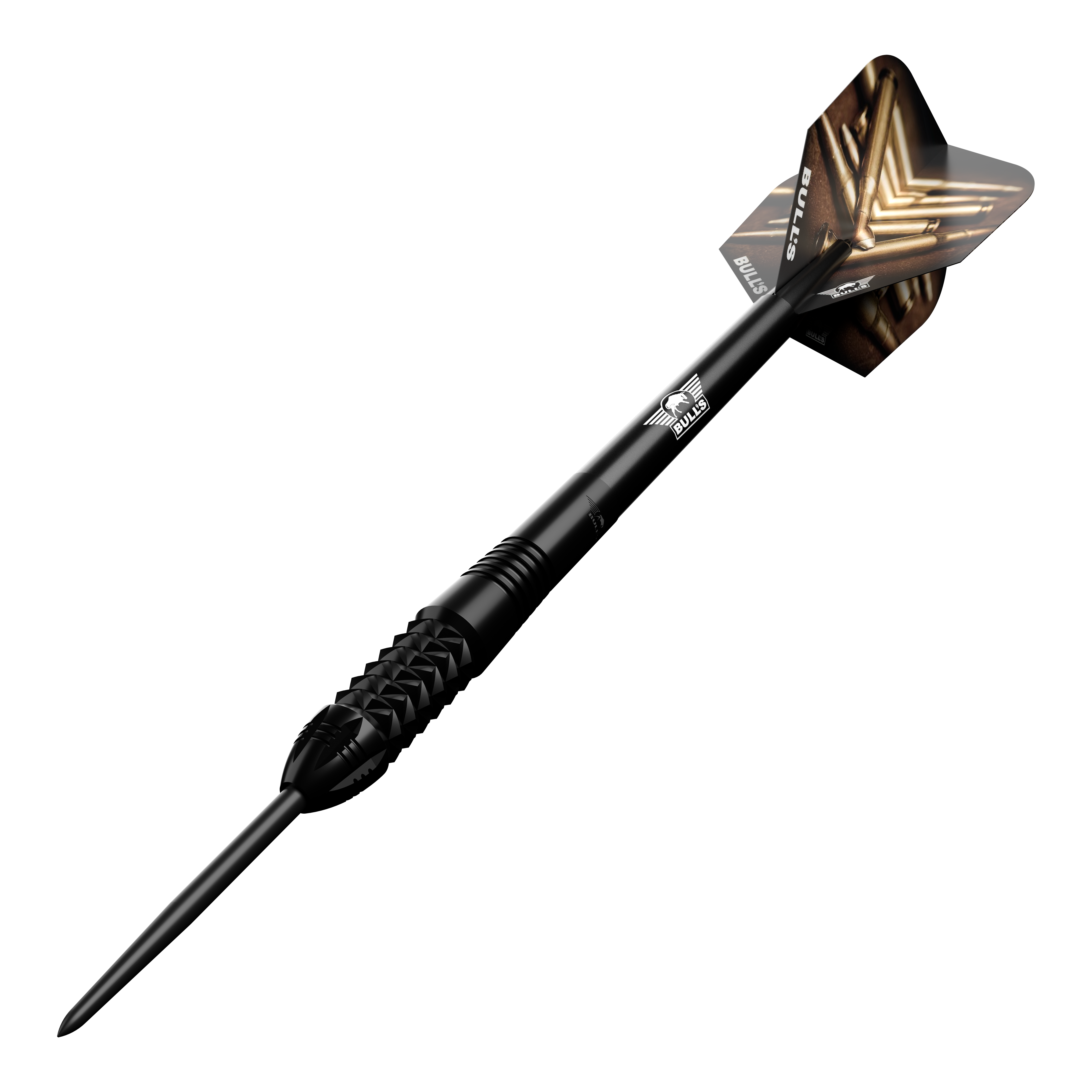 Fléchettes en acier noir Bulls NL Caliber Dieses Bild zeigt den Bulls NL Caliber Black Steeldart. Der Dartpfeil ist schwarz und hat ein auffälliges Design auf den Flights.