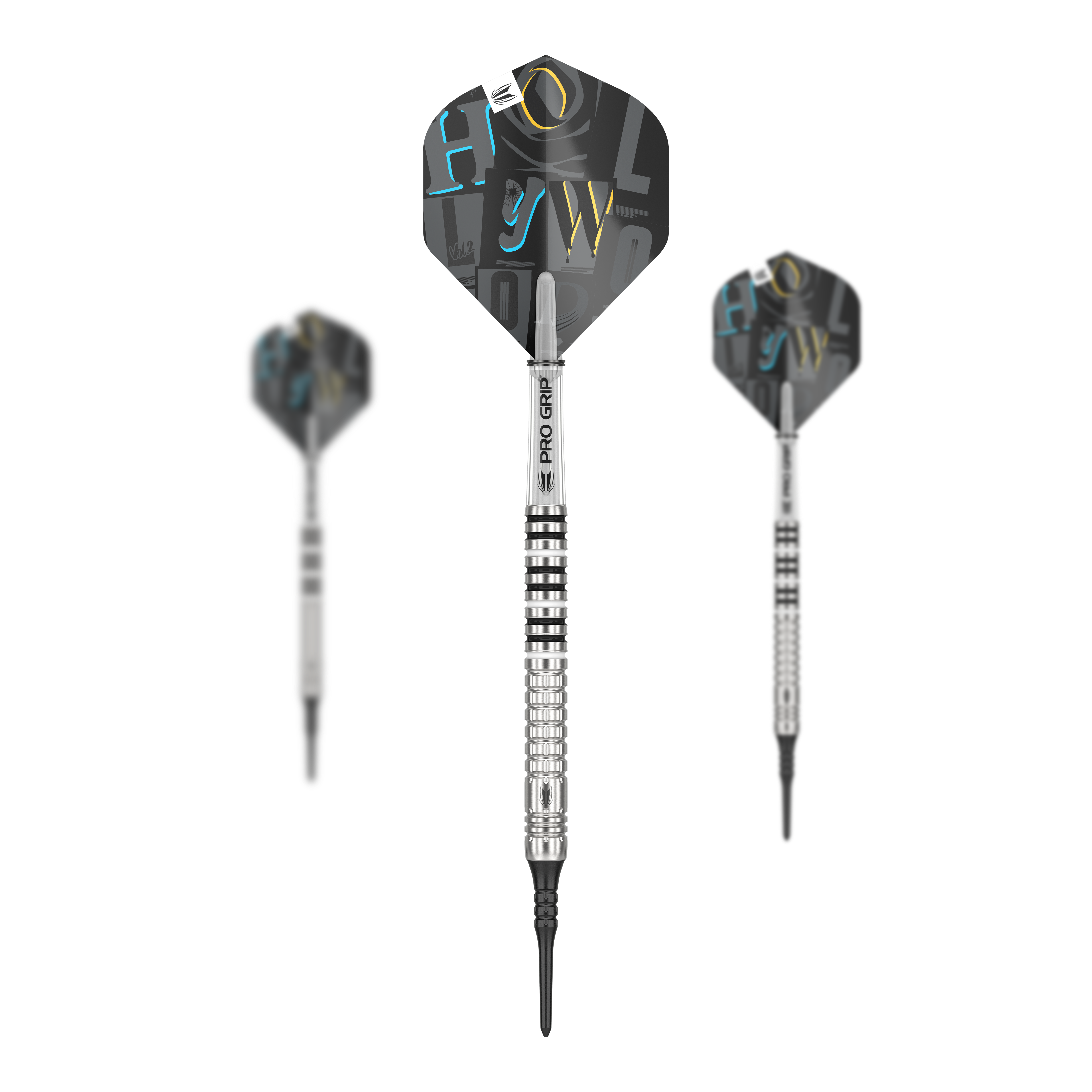 Target Chris Dobey GEN1 Softdarts - 19g Das Bild zeigt drei Softdarts des Modells „Target Chris Dobey GEN1“ mit einem Gewicht von 19 Gramm. Die Darts haben silberne, gerillte Barrels und schwarze Flights mit buntem Aufdruck.