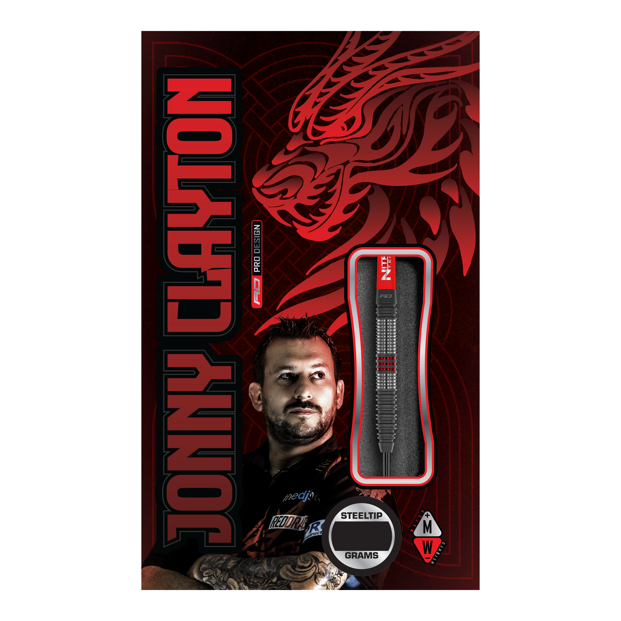 Fléchettes en acier Red Dragon Jonny Clayton Hiraeth Die Abbildung zeigt die Verpackung der "Red Dragon Jonny Clayton Hiraeth Steeldarts". Auf der Verpackung sind ein Porträt von Jonny Clayton sowie ein stilisierter roter Drache abgebildet.