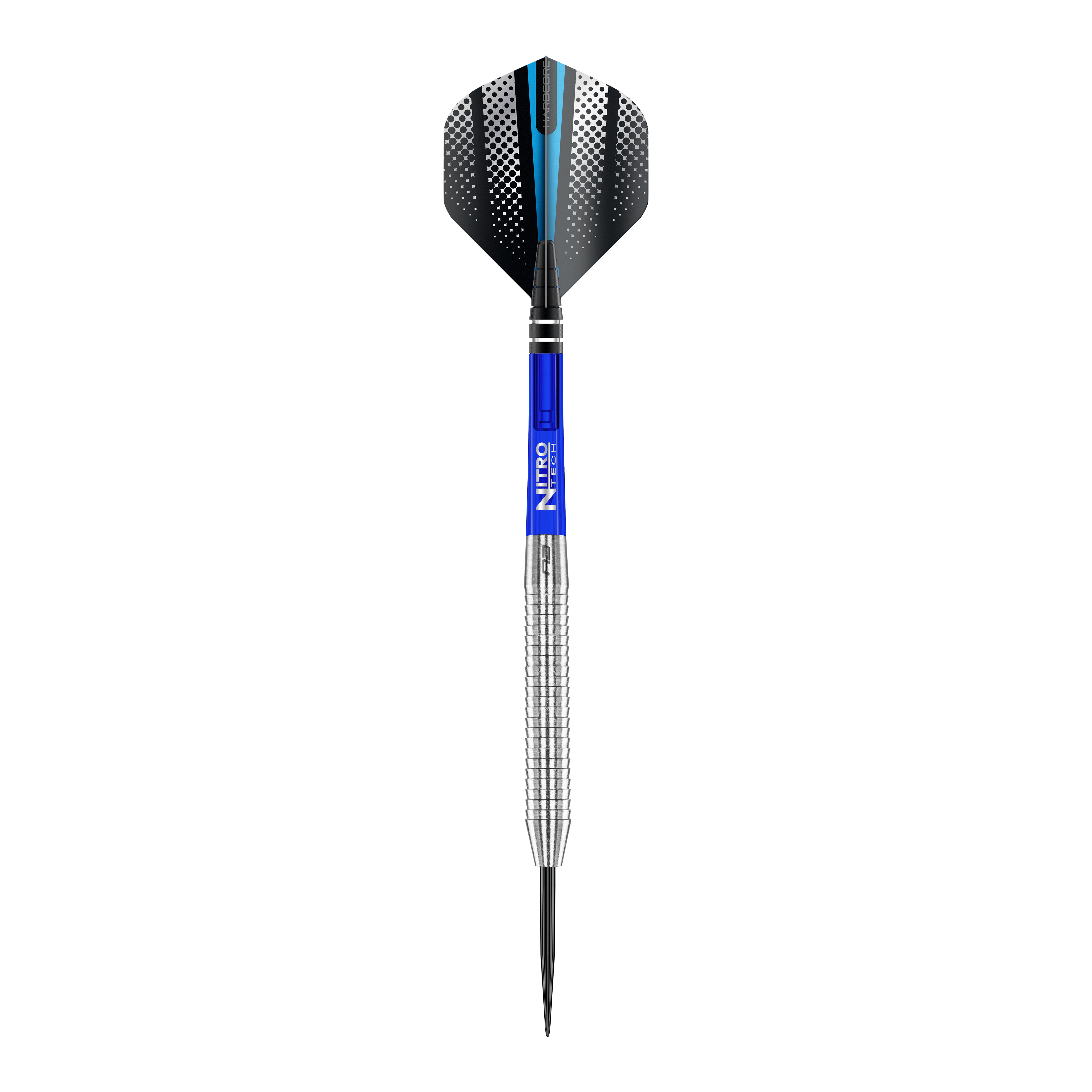 Das Bild zeigt einen Red Dragon Razor Edge Original Steeldart mit einem Gewicht von 24g. Der Dart hat einen silbernen, geriffelten Schaft, einen blauen Mittelteil und schwarze Flights mit weißen Punkten und einem blauen Streifen.