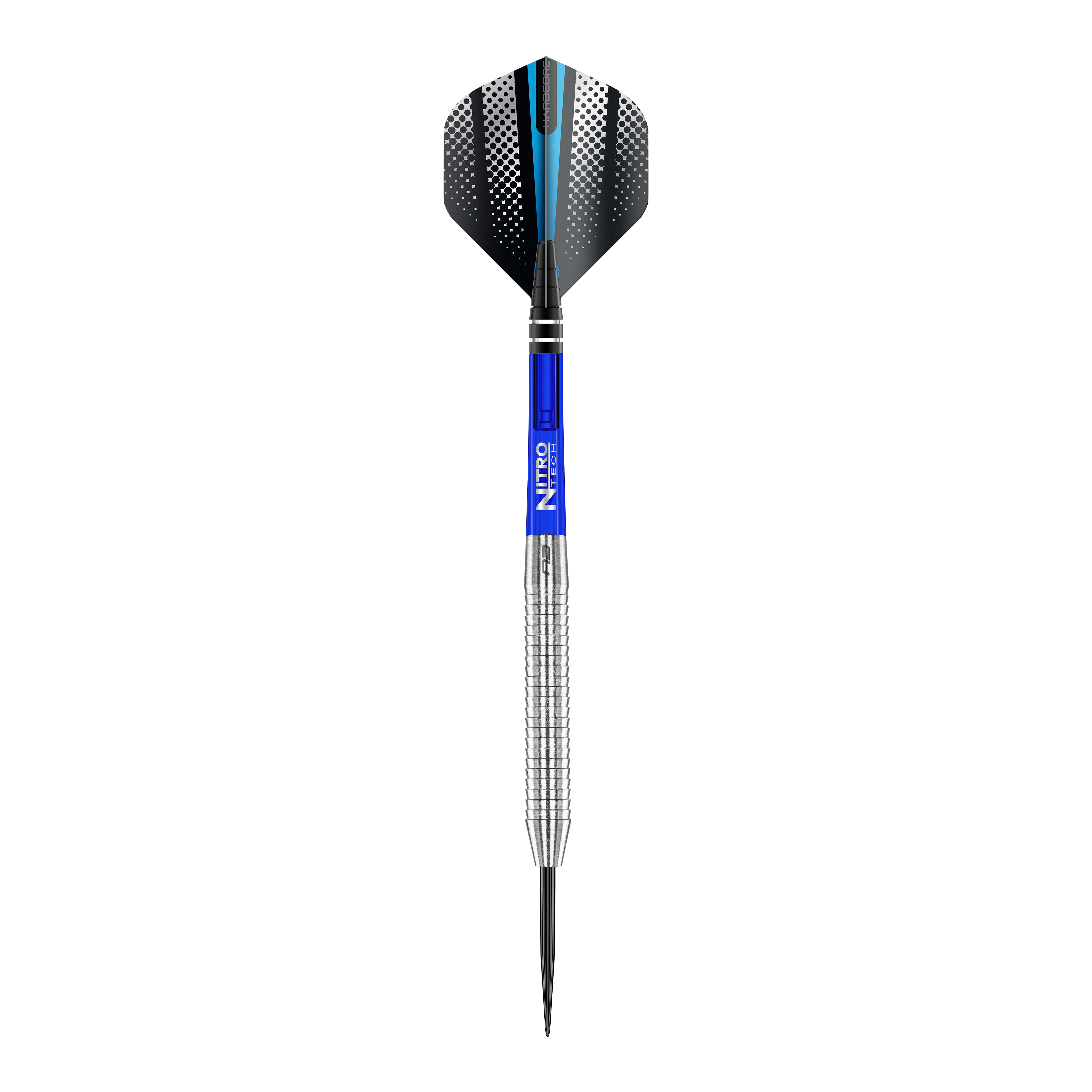 Fléchettes en acier Red Dragon Razor Edge Original Das Bild zeigt einen Red Dragon Razor Edge Original Steeldart mit einem Gewicht von 24g. Der Dart hat einen silbernen, geriffelten Schaft, einen blauen Mittelteil und schwarze Flights mit weißen Punkten und einem blauen Streifen.