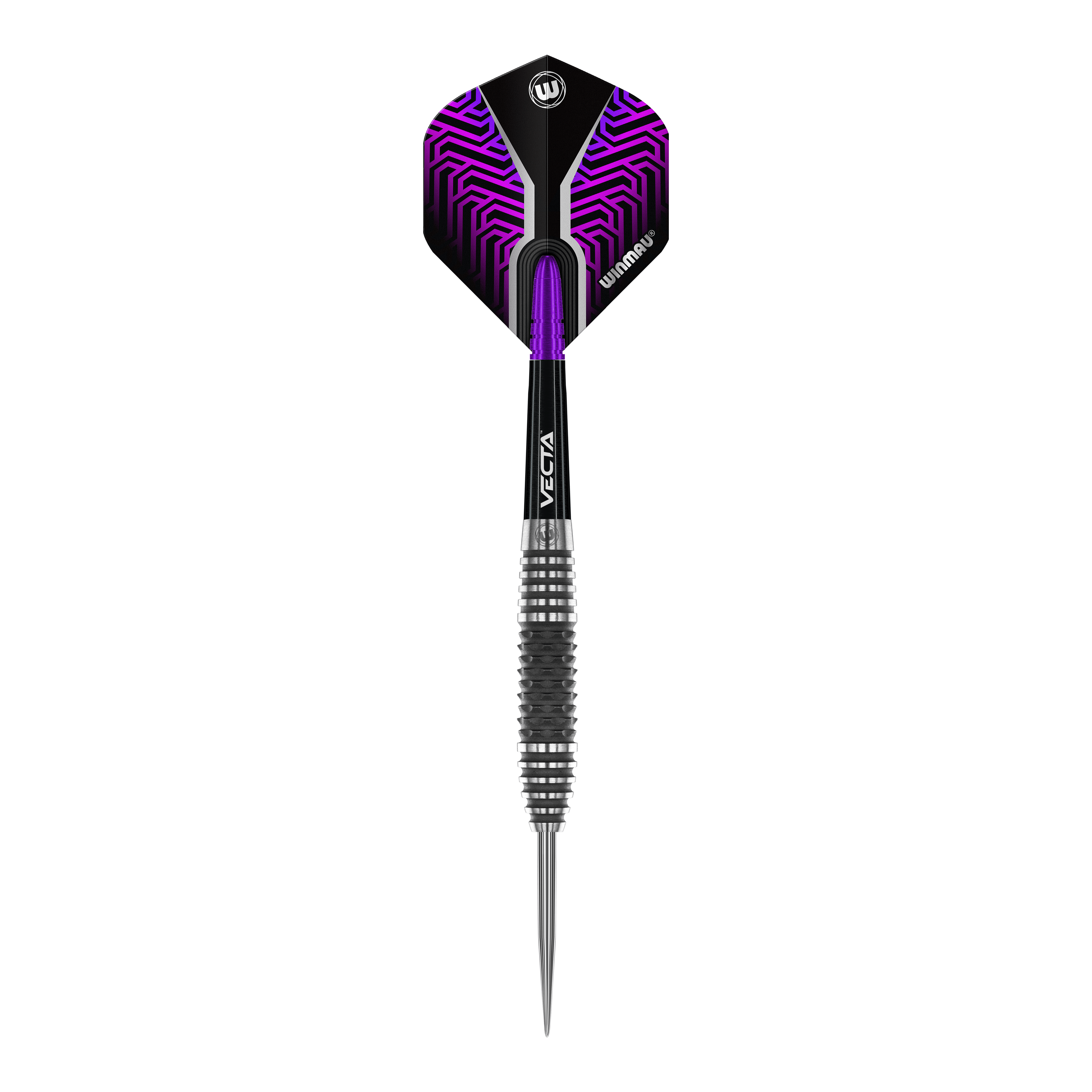 Fléchettes en acier Winmau Kairos 01 Auf dem Bild ist ein Winmau Kairos 01 Steeldart zu sehen. Der Dartpfeil hat ein modernes Design mit schwarzem und lila Muster am Flight.