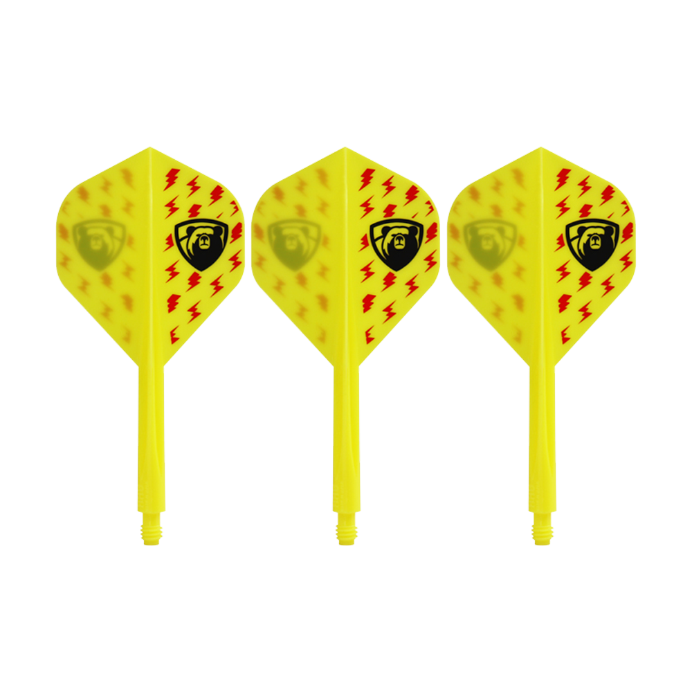 Auf dem Bild sind drei gelbe Dart-Flights mit roten Blitzsymbolen und einem schwarzen Bären-Logo zu sehen. Es handelt sich um das Produkt "Condor AXE Thunderbolt Yellow Flight-System - Standard".