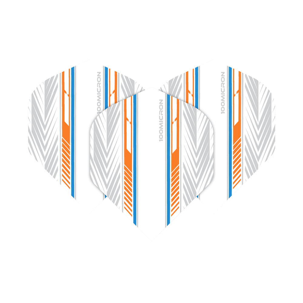 Vols de Pentathlon blanc/orange/bleu Das Bild zeigt die Pentathlon White Orange Blue No2 Standard Flights. Sie sind weiß mit auffälligen orangefarbenen, blauen und grauen Linienmustern gestaltet.