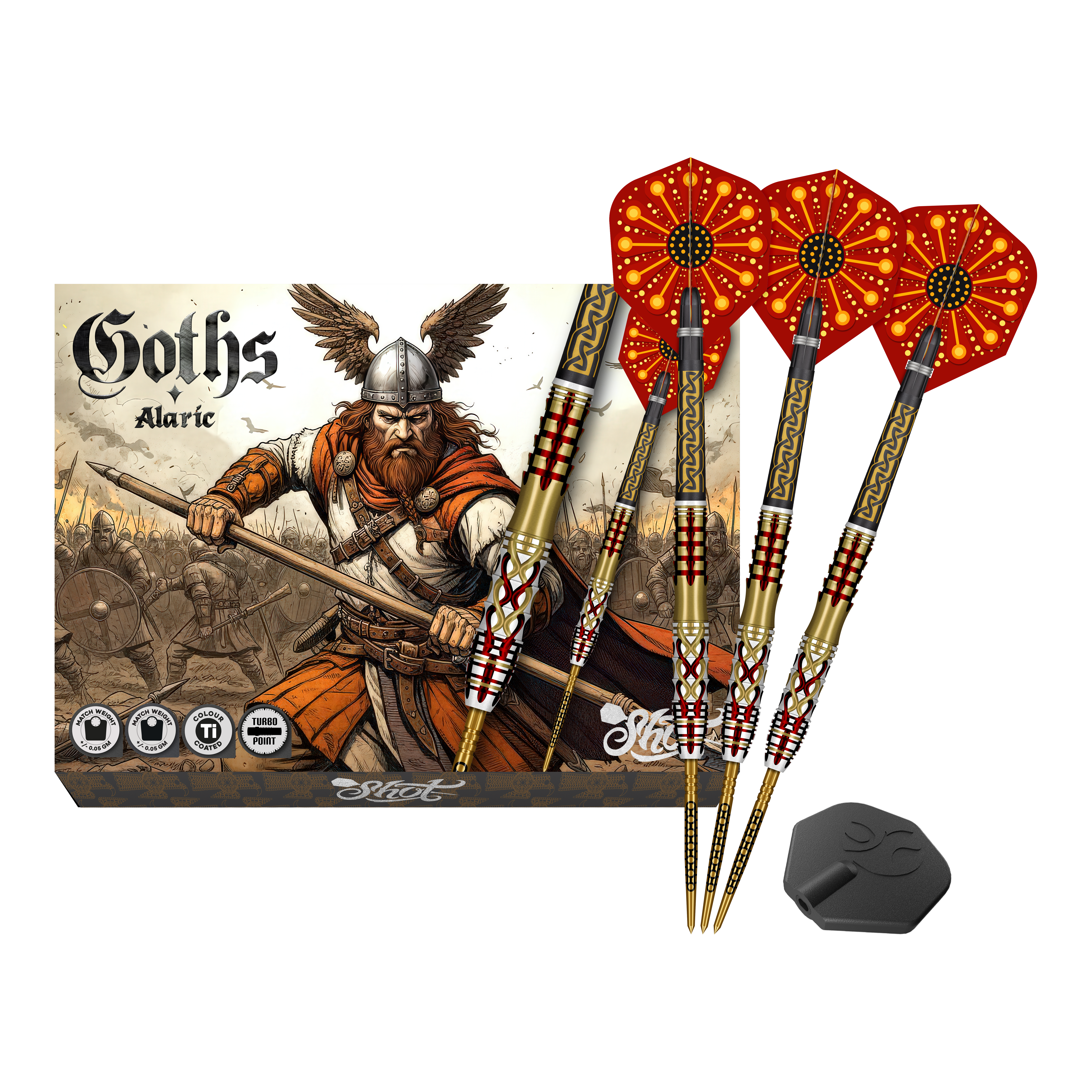 Fléchettes en acier Shot Goths Alaric Turbo Point - 23 g Abgebildet sind die Shot Goths Alaric Turbo Point Steeldarts - 23g. Die Darts eignen sich besonders für Steeldartspieler.