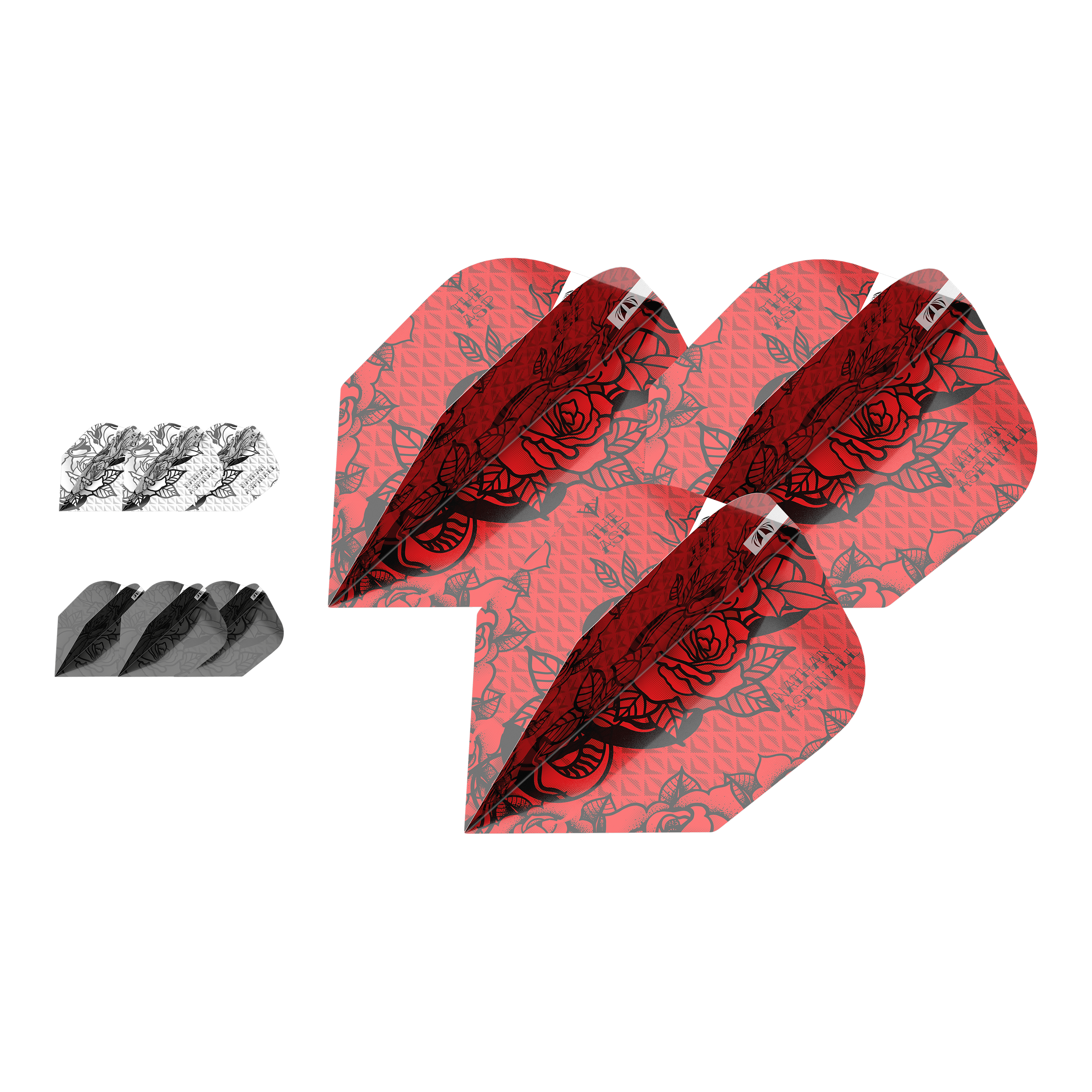 Lot de 3 encres Target Ink Nathan Aspinall n° 6 Flights Das Bild zeigt drei Sets von Dart-Flights des Produkts "Target Ink Bundle 3 Sets Nathan Aspinall No6 Flights". Die Flights sind in Rot, Schwarz und Weiß mit auffälligem Muster gestaltet.