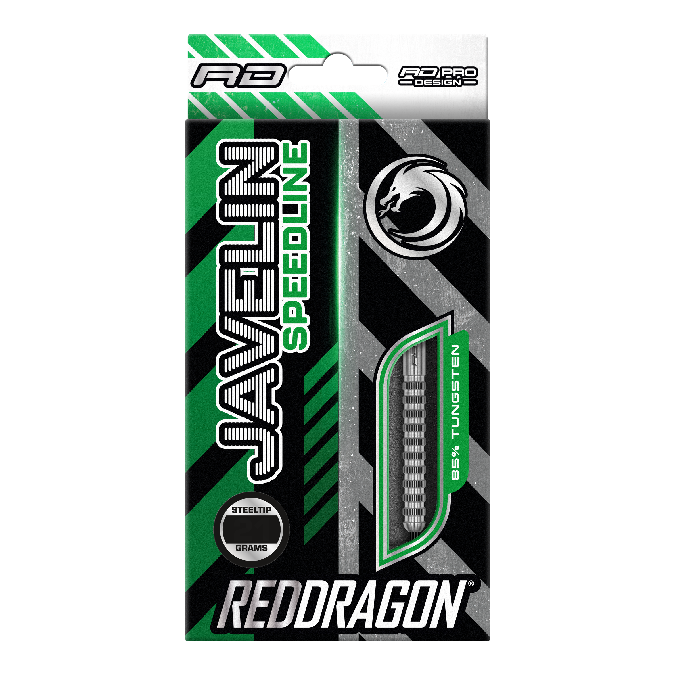 Fléchettes en acier Red Dragon Javelin Speedline Die Abbildung zeigt die Verpackung der "Red Dragon Javelin Speedline Steeldarts". Die Packung ist grün, schwarz und silber, mit einem Sichtfenster für die Darts und auffälligem Drachen-Logo.