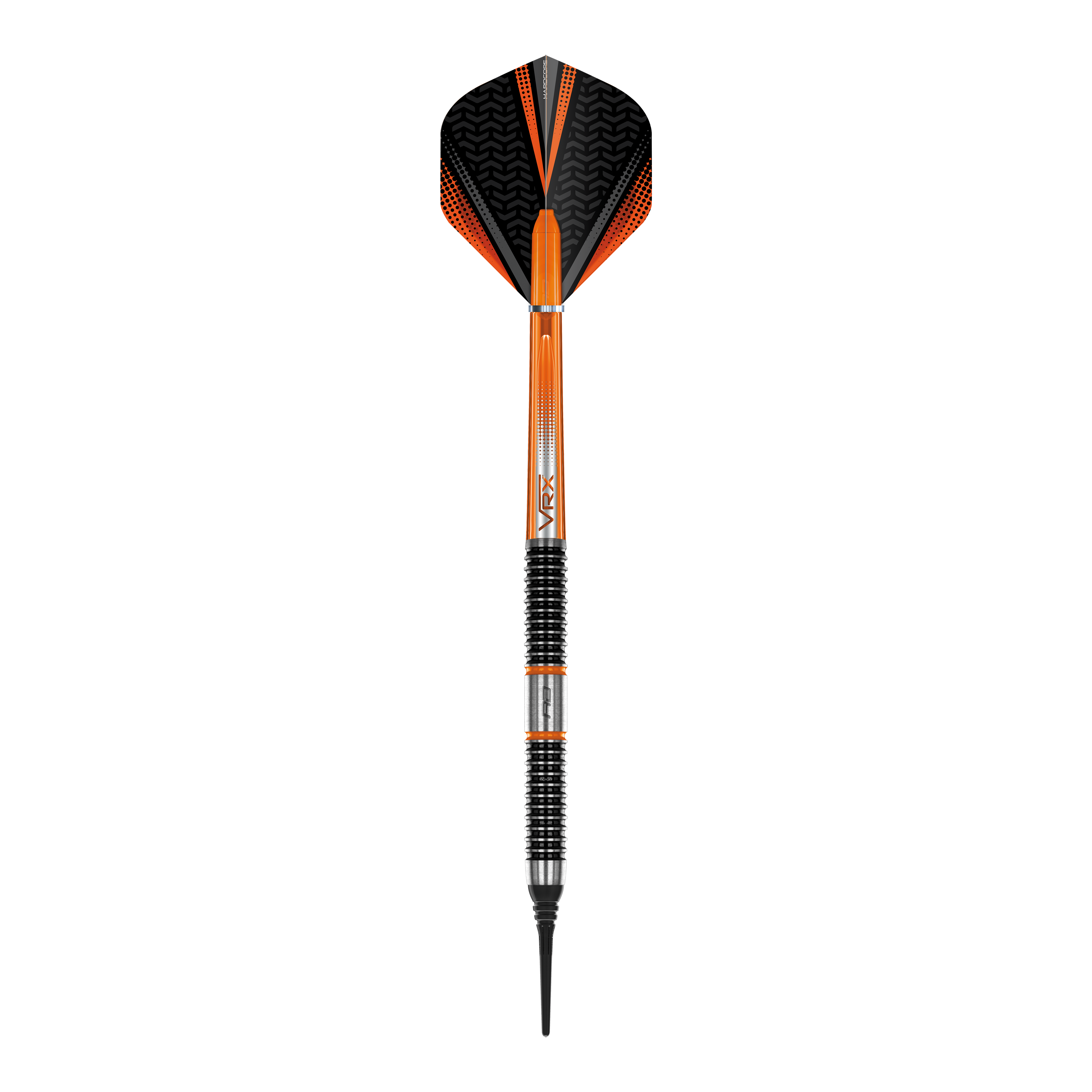 Red Dragon Amberjack 18 fléchettes souples - 20 g Das Bild zeigt einen Softdart aus der Serie "Red Dragon Amberjack 18" mit einem Gewicht von 20 Gramm. Der Dart ist überwiegend schwarz und orange gefärbt und verfügt über einen geriffelten Griffbereich.