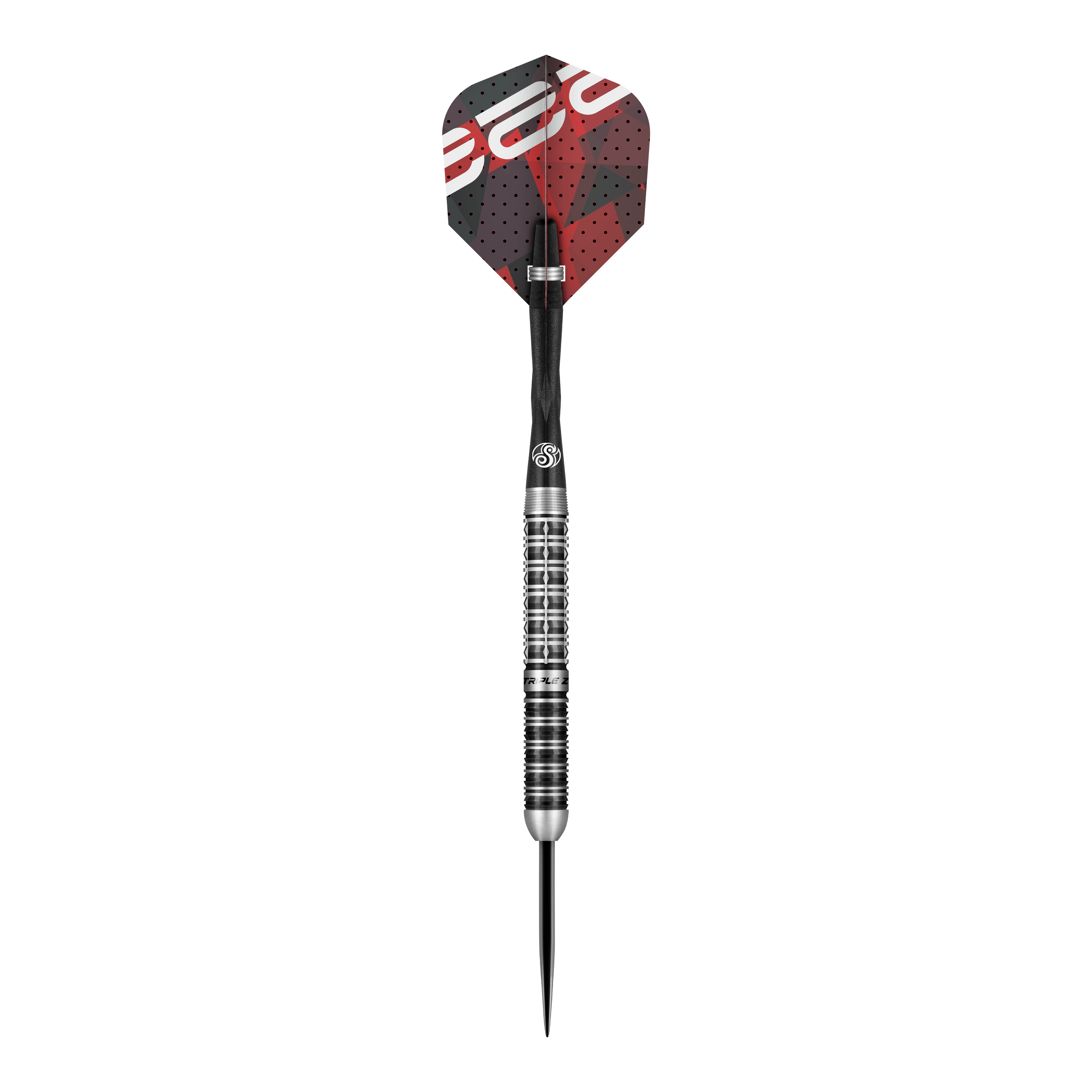 Dies ist ein Steeldart aus der Serie "Shot Niels Zonneveld V2". Der Dart hat ein silbernes, geriffeltes Barrel und schwarze sowie rote Flights.