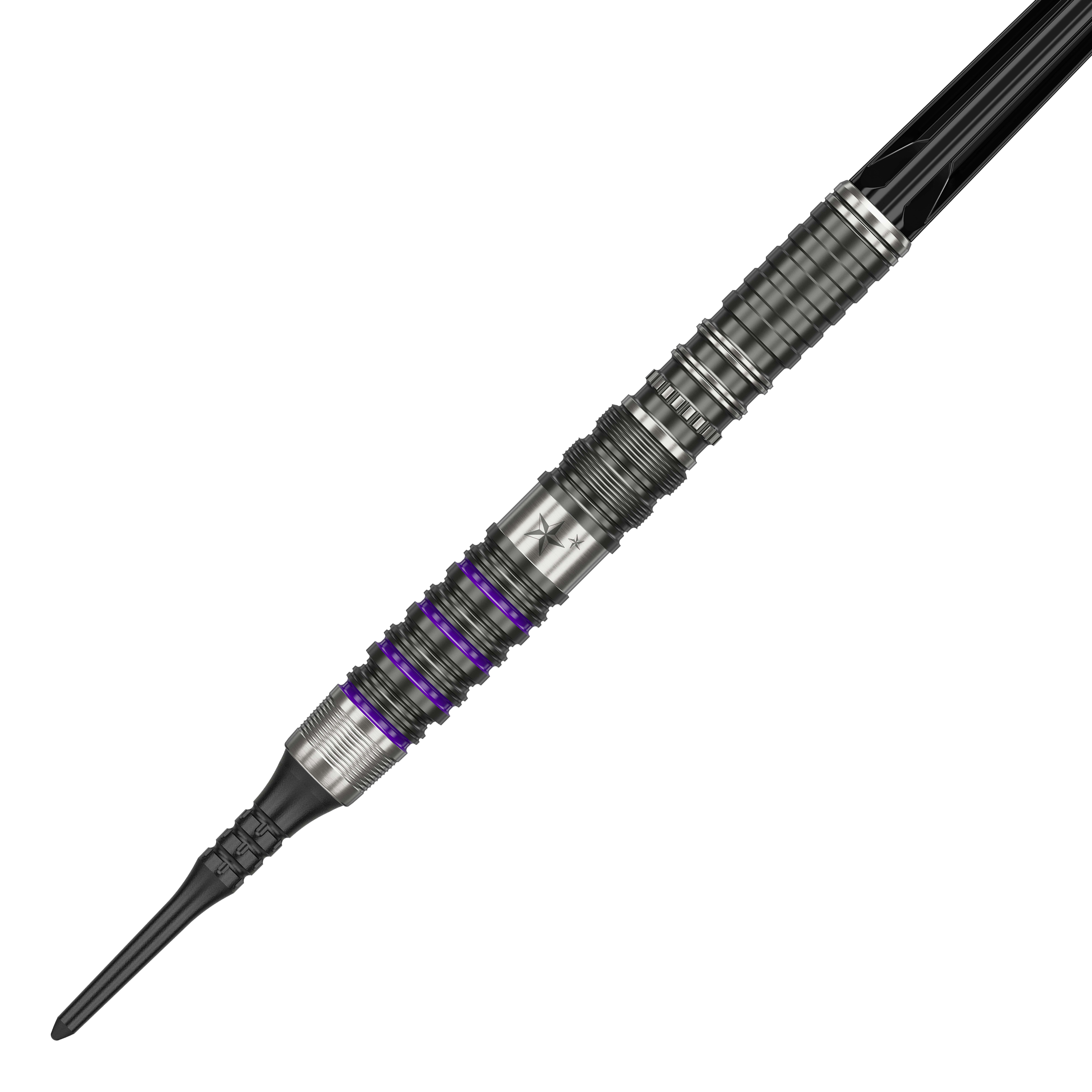 Fléchettes souples Target Japan Prime Series Yuta Hayashi Sirius GEN3 MAX - 21,5 g Dies ist ein Softdart aus der Target Japan Prime Series, Modell Yuta Hayashi Sirius GEN3 MAX mit 21,5g. Er besitzt ein silbernes Design mit feinen Rillen und lilafarbenen Akzenten.